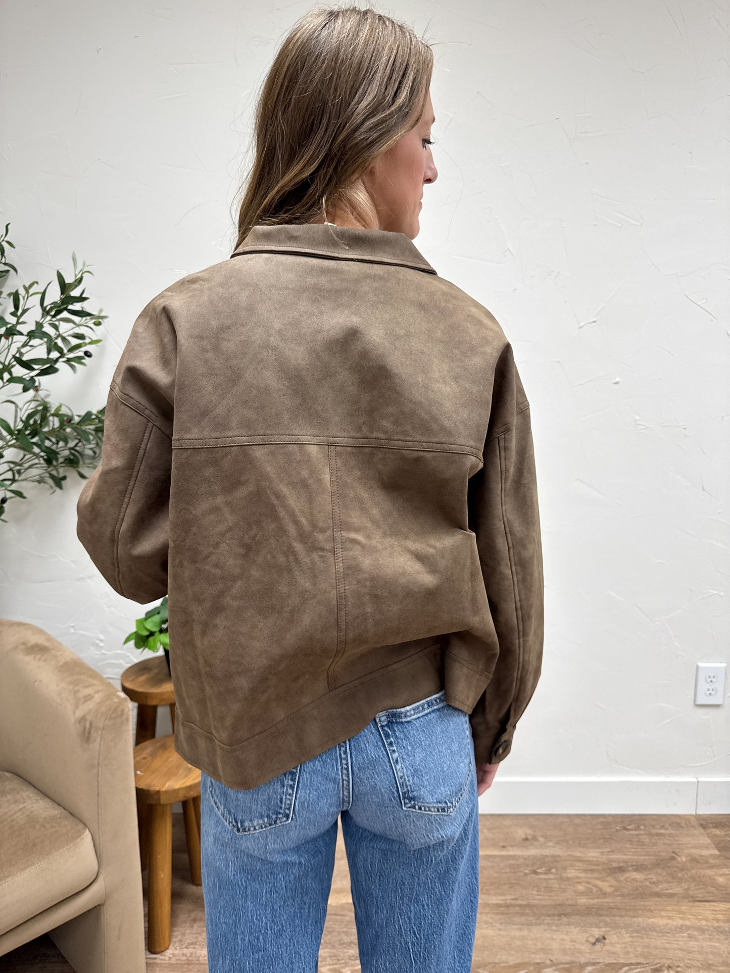 Faux Leather Button Front Shirt Jacket