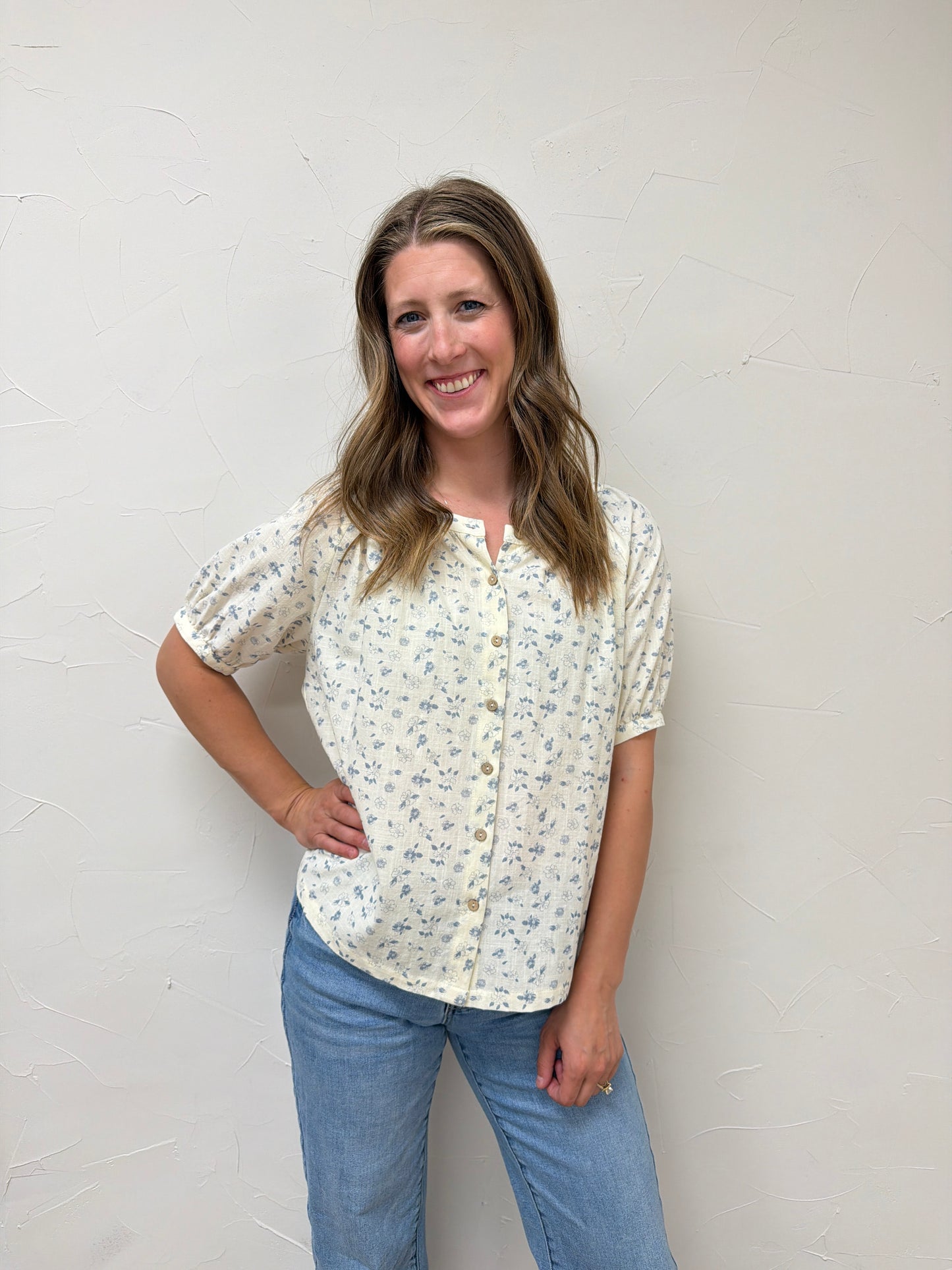 Floral Print Round Neck Cotton Blouse