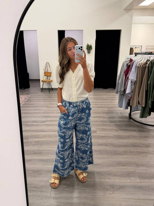 Embroidery Chambray Wide Leg Pants