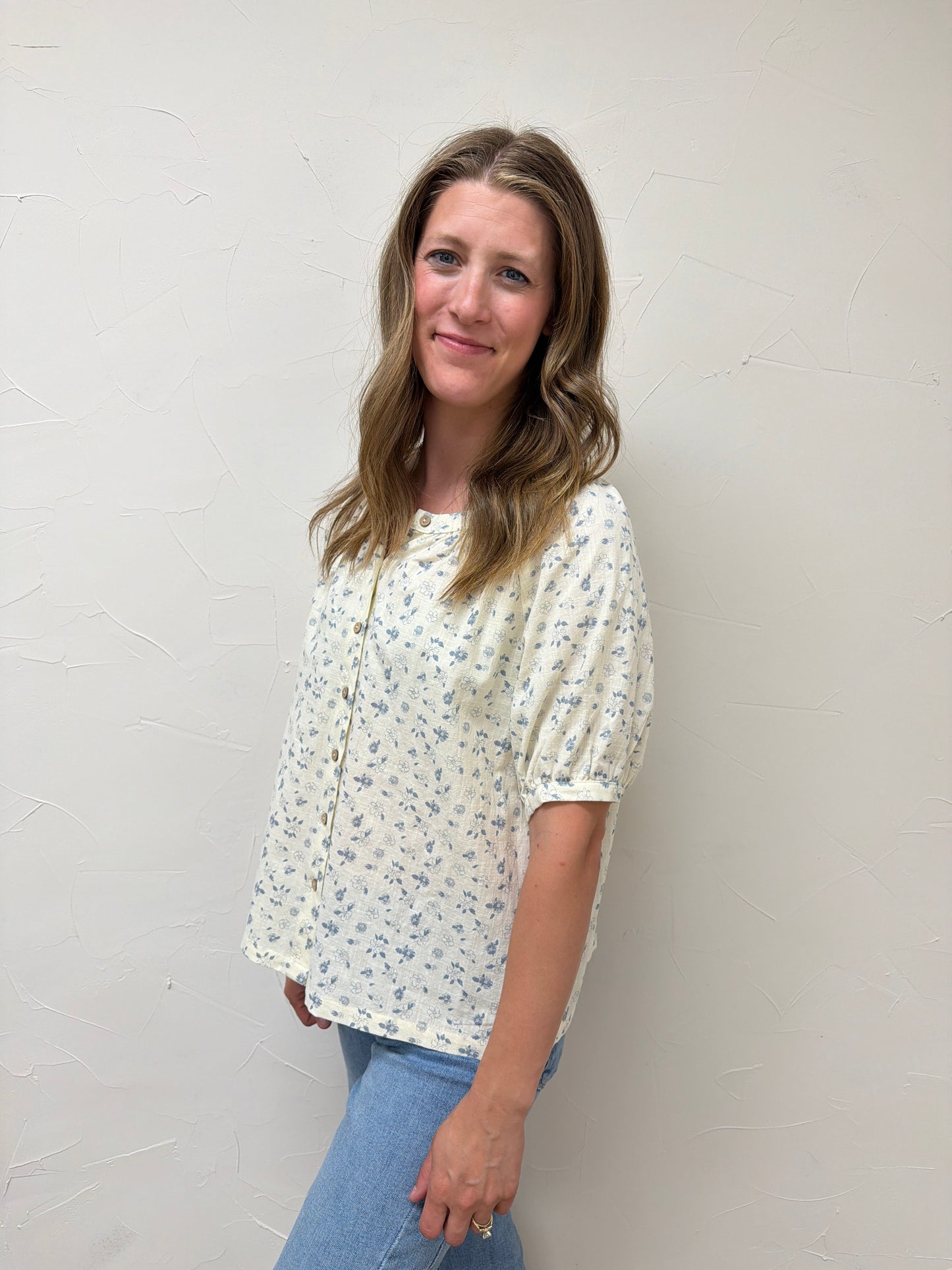 Floral Print Round Neck Cotton Blouse