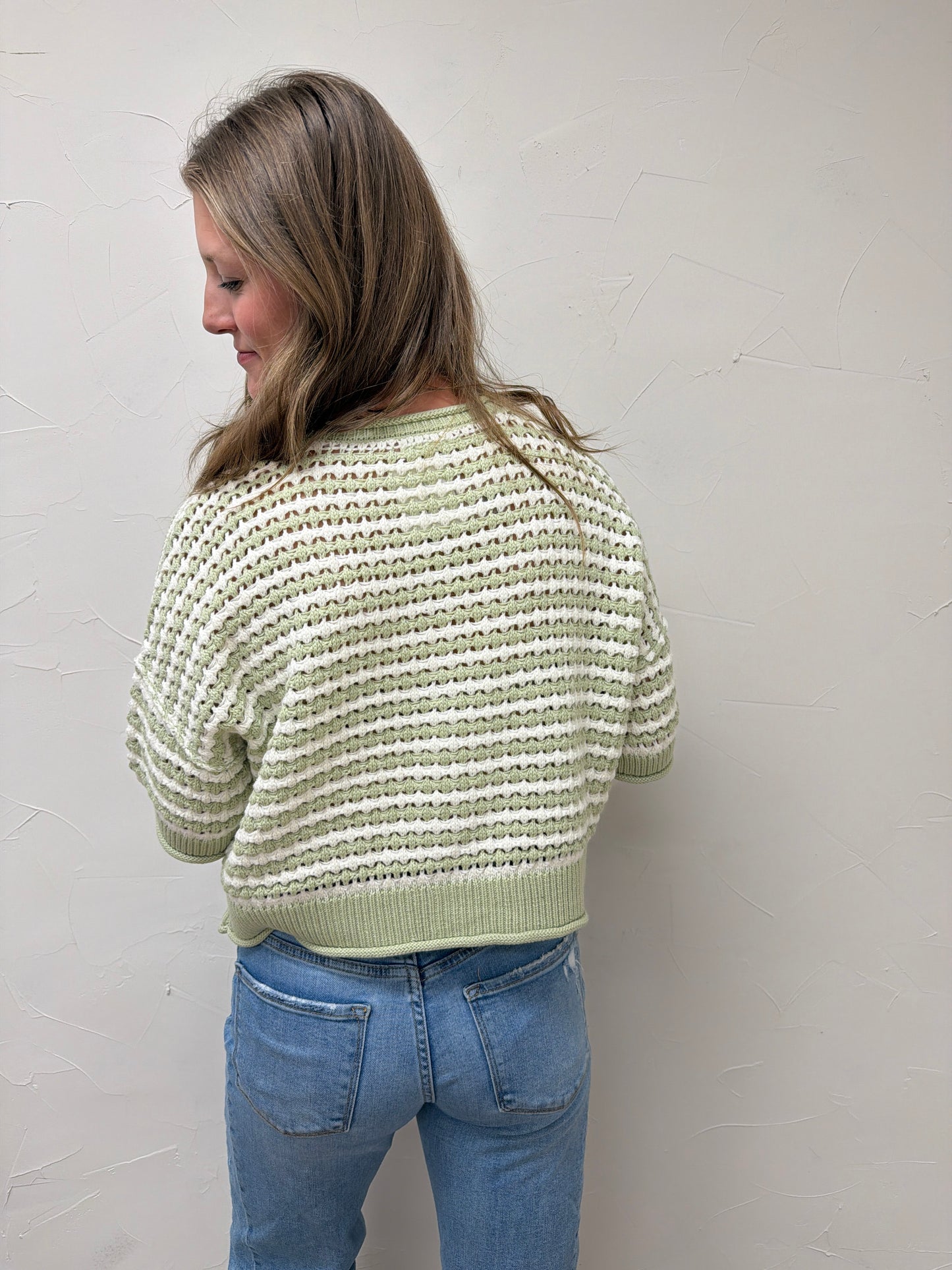 Stripe Short Sleeve Crochet Knit Cardigan