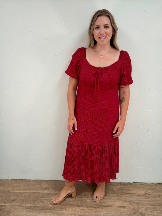 Textured Woven Tie Front Midi Dress