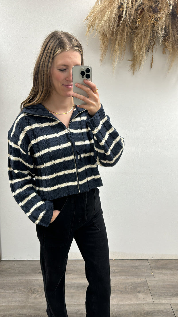 Mock Neck Zipper Striped Cardigan