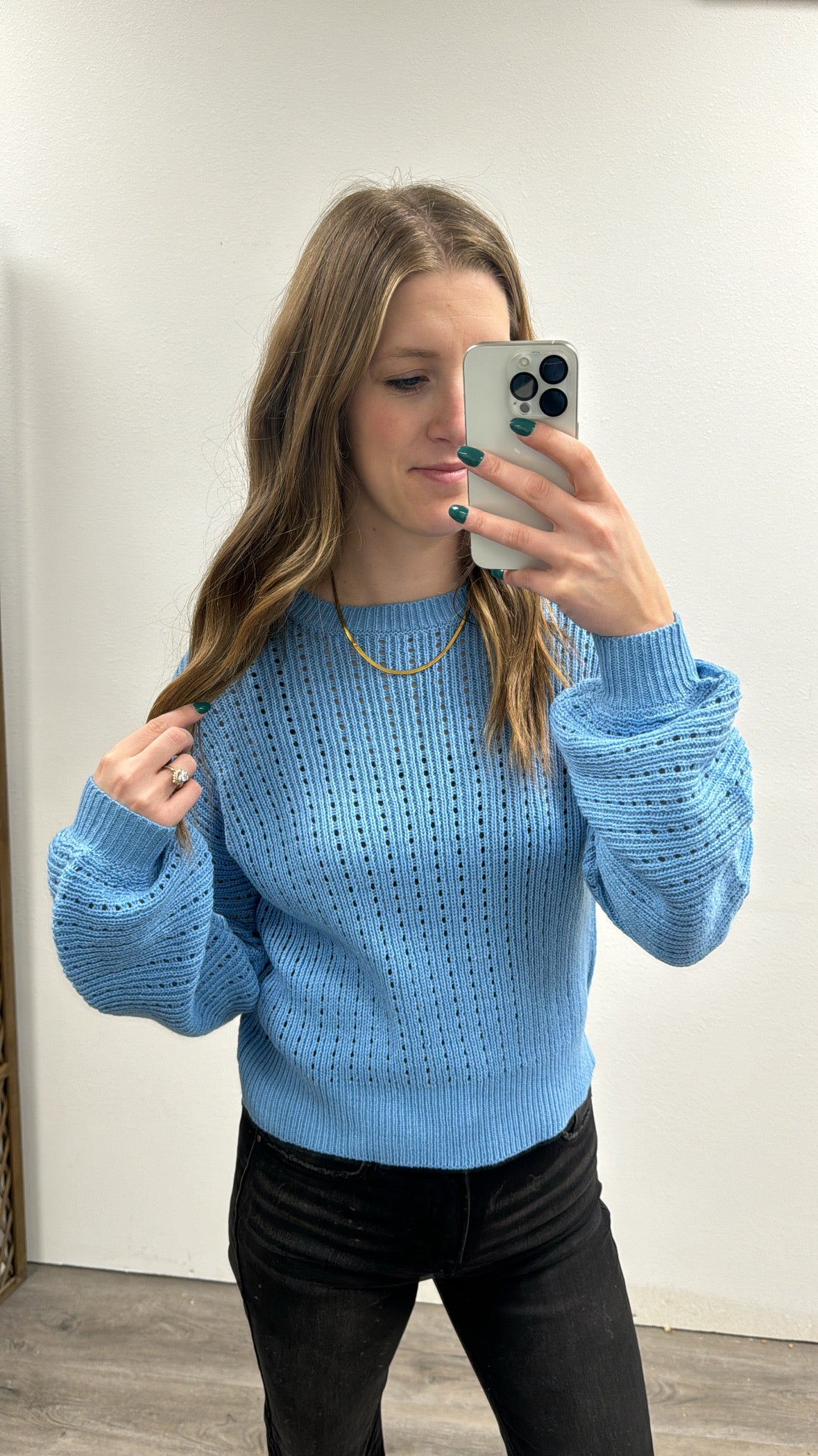 Open-Knit Balloon Sleeve Sweater