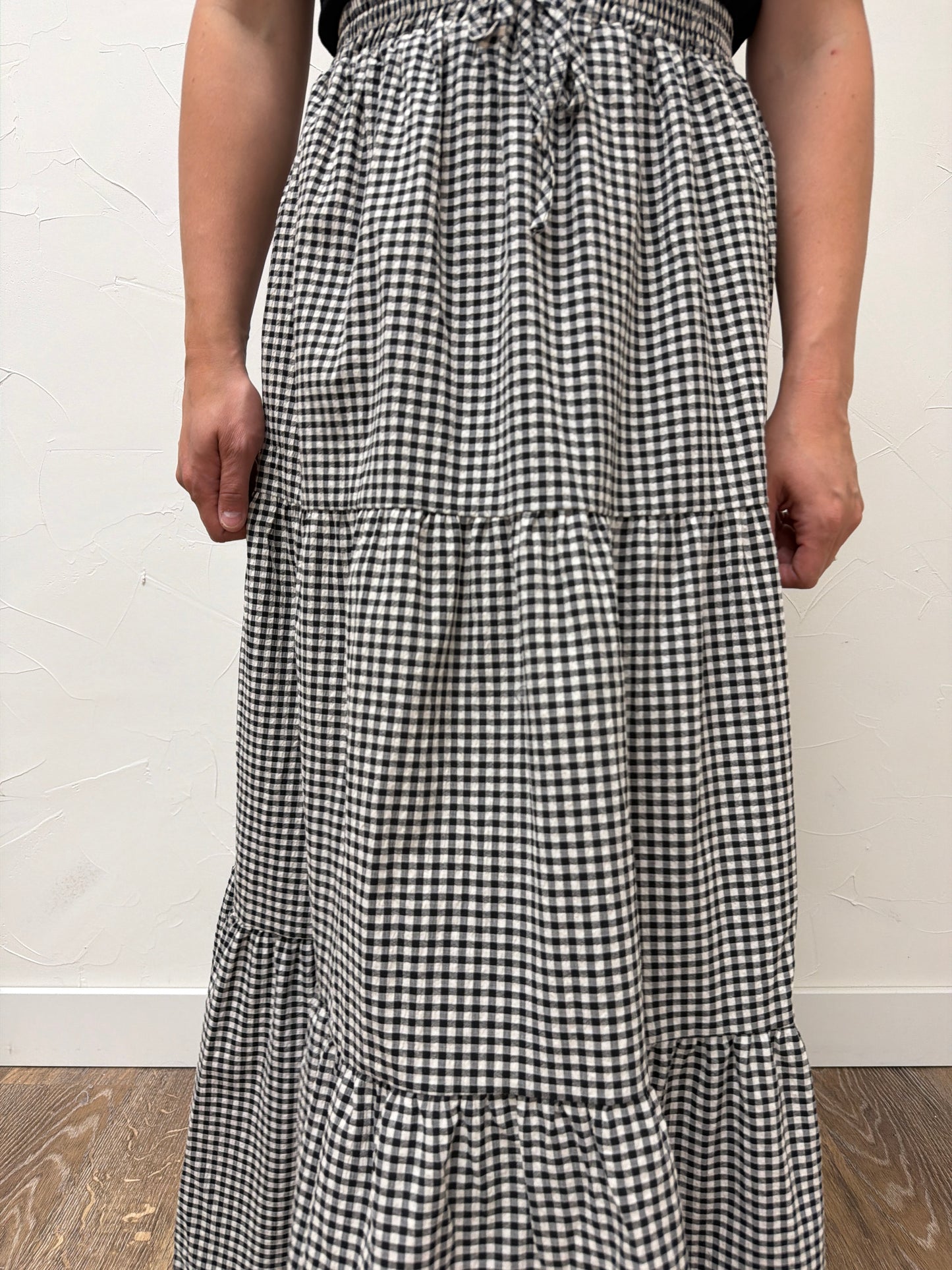 Plaid Tiered Ruffled Drawstring Maxi Skirt