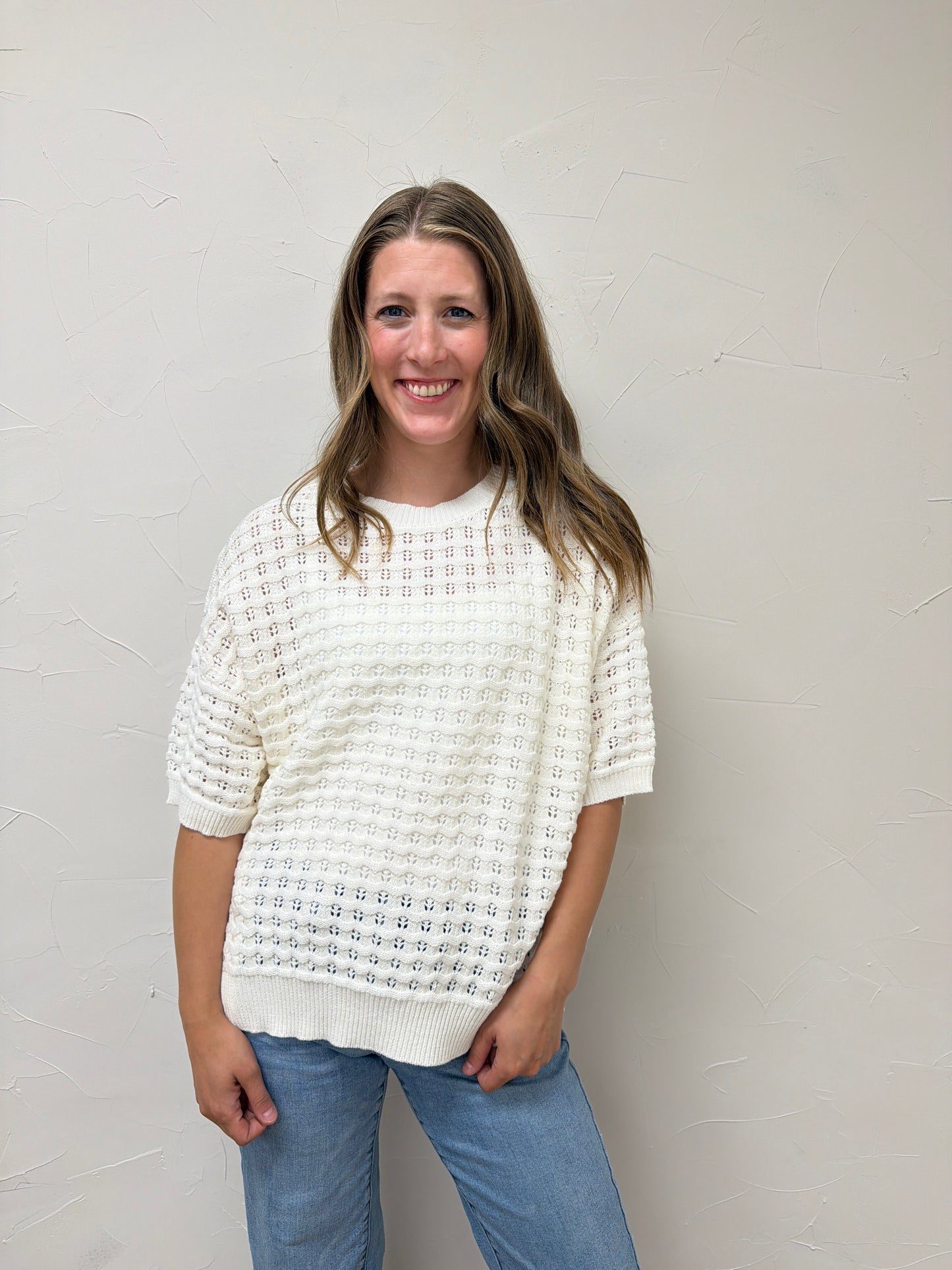 Crew Neck Crochet Textured Knitted Sweater Top