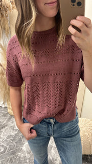 Short Sleeve Pointelle Detail Sweater