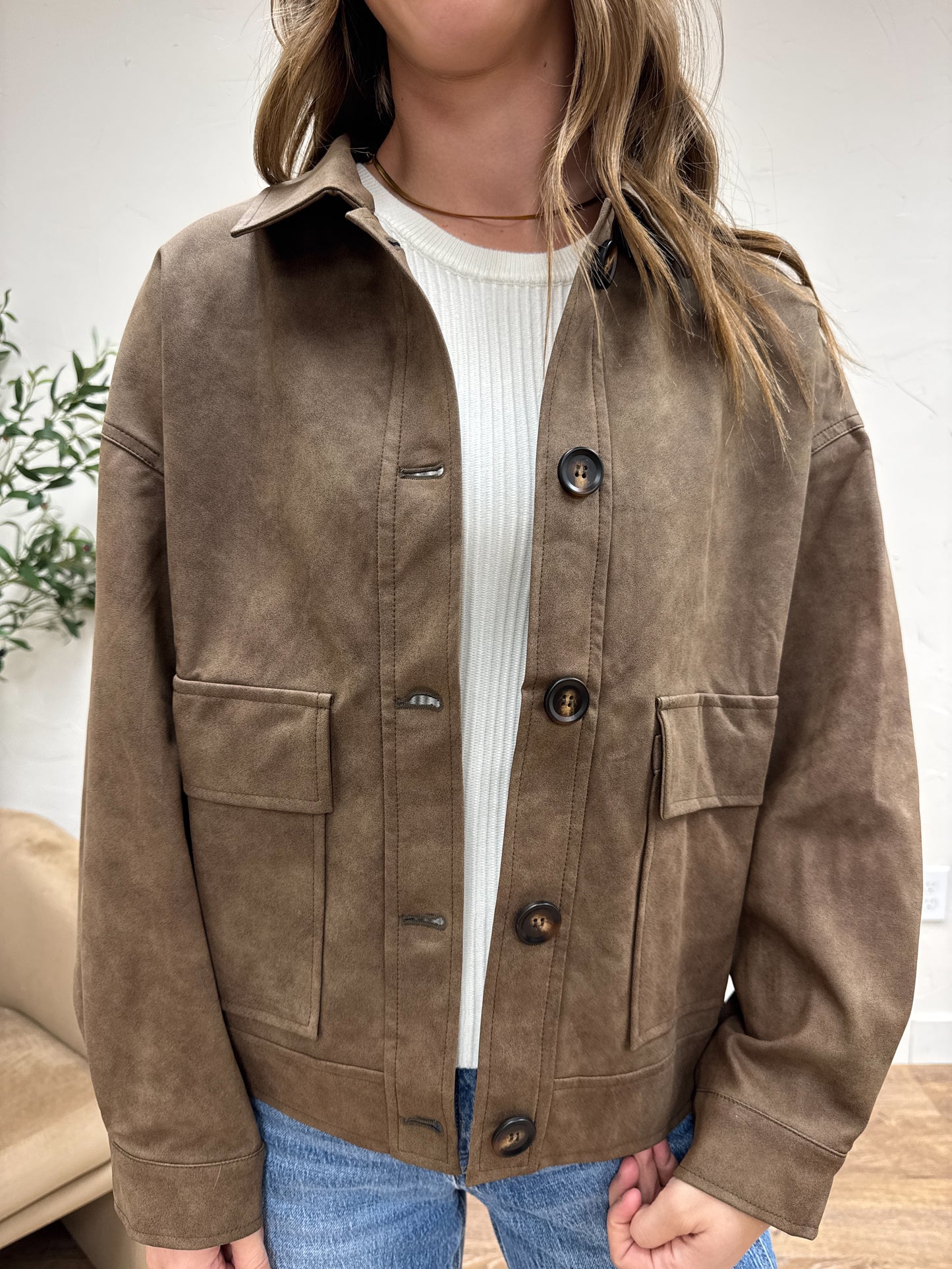 Faux Leather Button Front Shirt Jacket