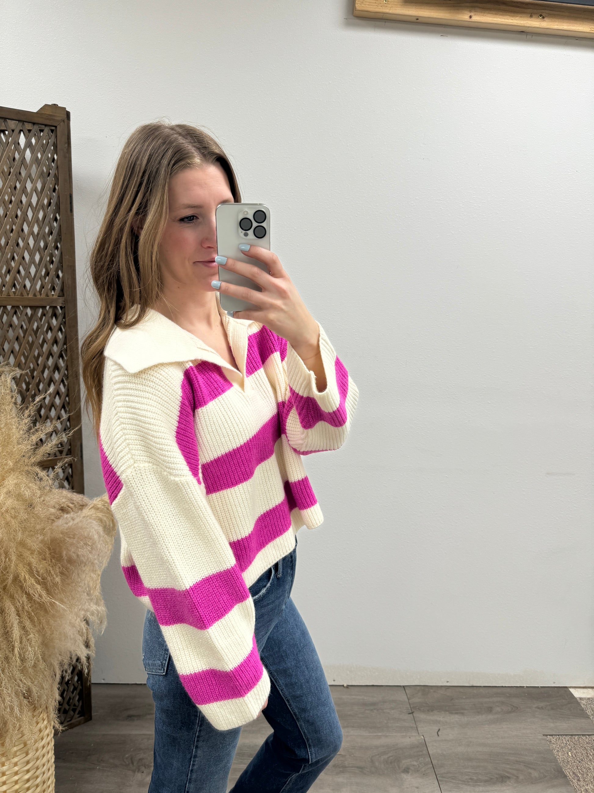 STRIPE DROP SHOULDER WITH WIDE COLLAR SWEATER - Three:Twelve Boutique