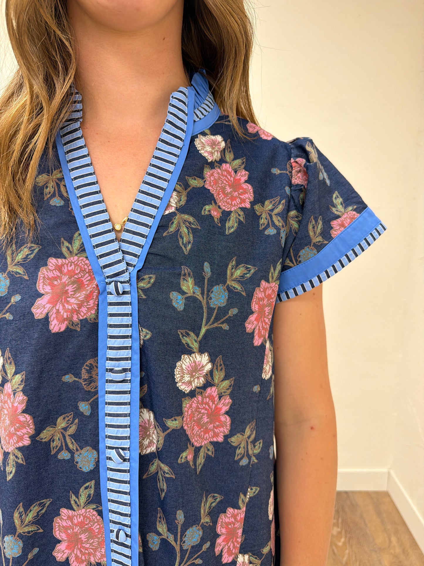 Floral Contrast Trim Ruffle Hem Mini Dress