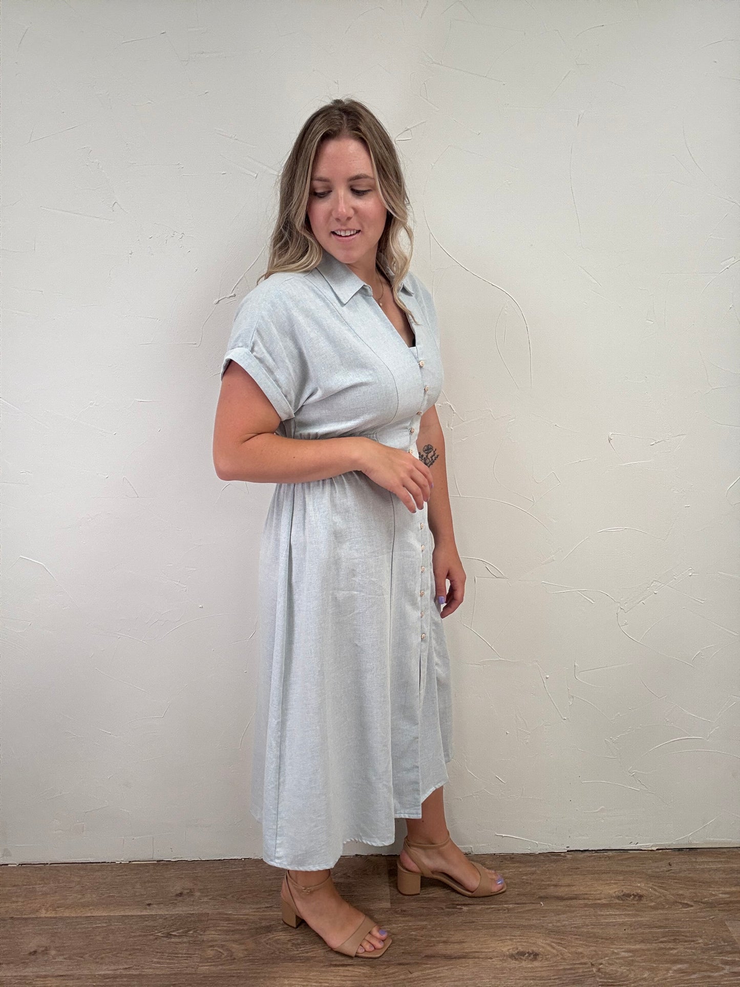Button Down Half Sleeve Cotton Midi Dress