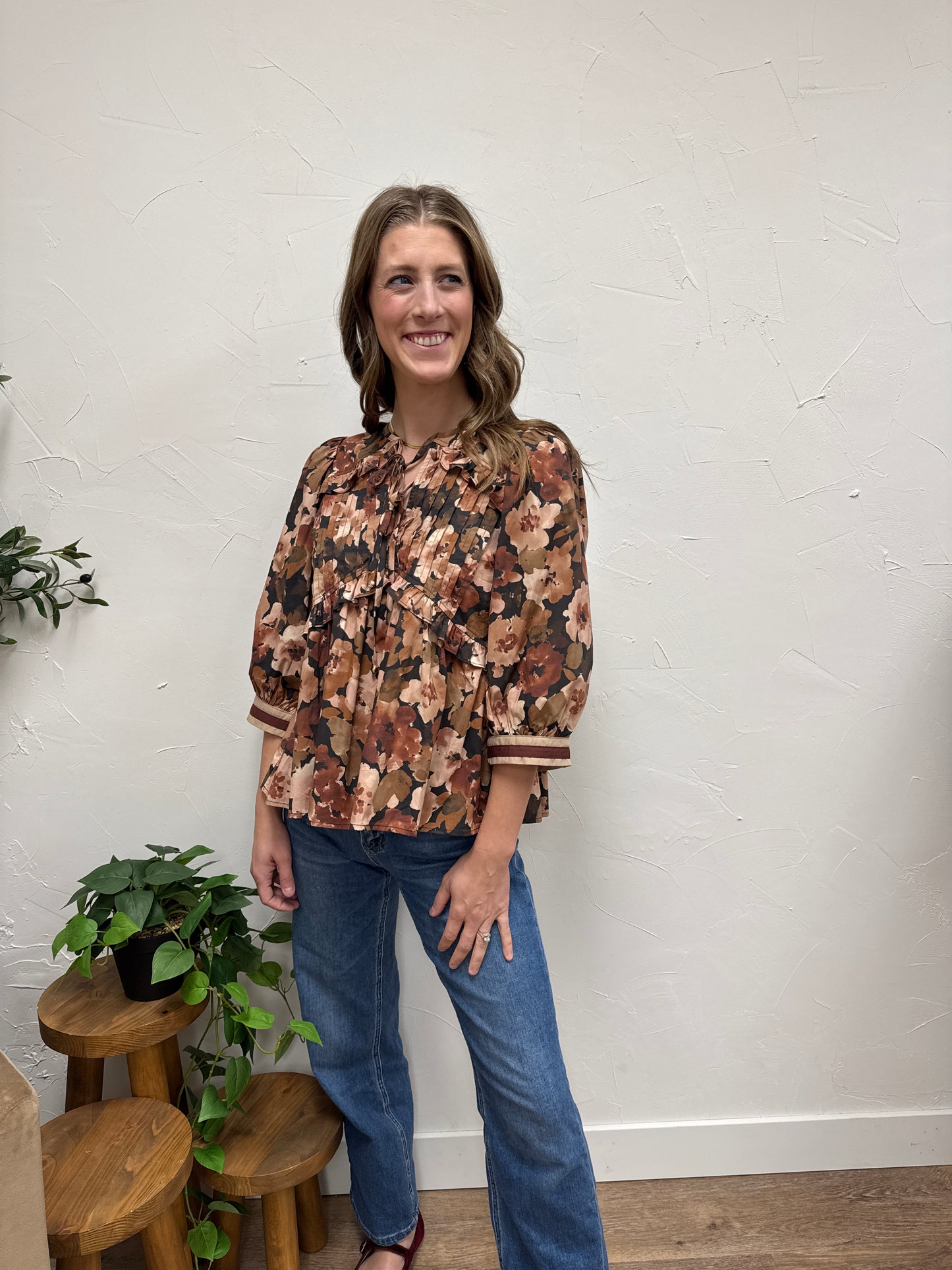 Floral print 3/4 sleeve peplum top