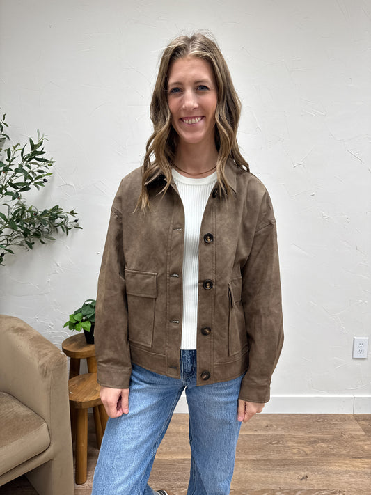 Faux Leather Button Front Shirt Jacket