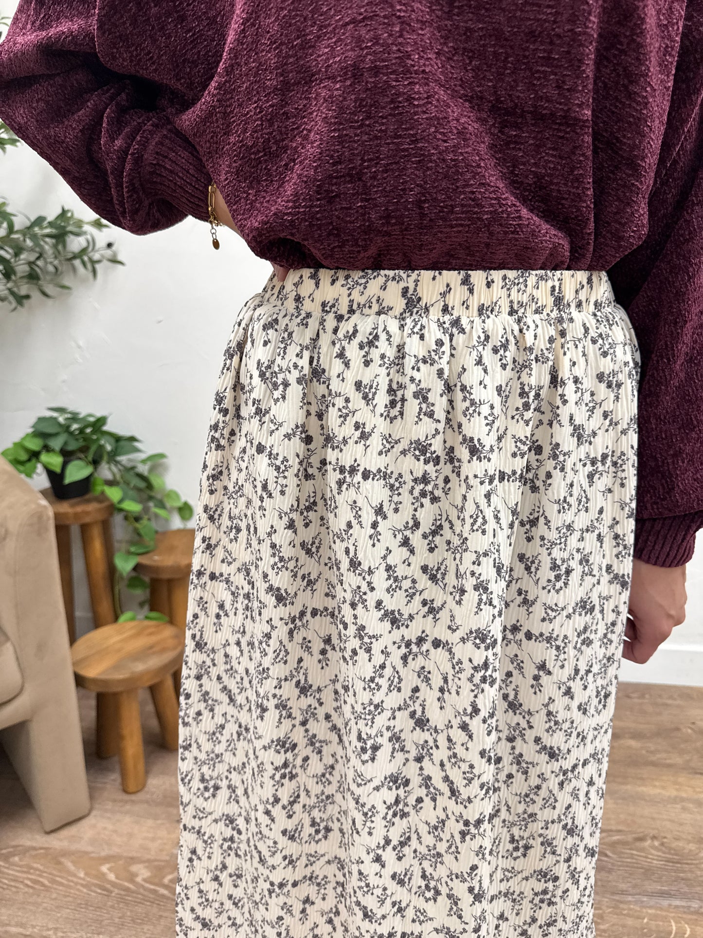 Floral Crinkle Midi Skirt