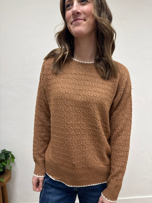 Blanket Stitched Cable Knit Sweater