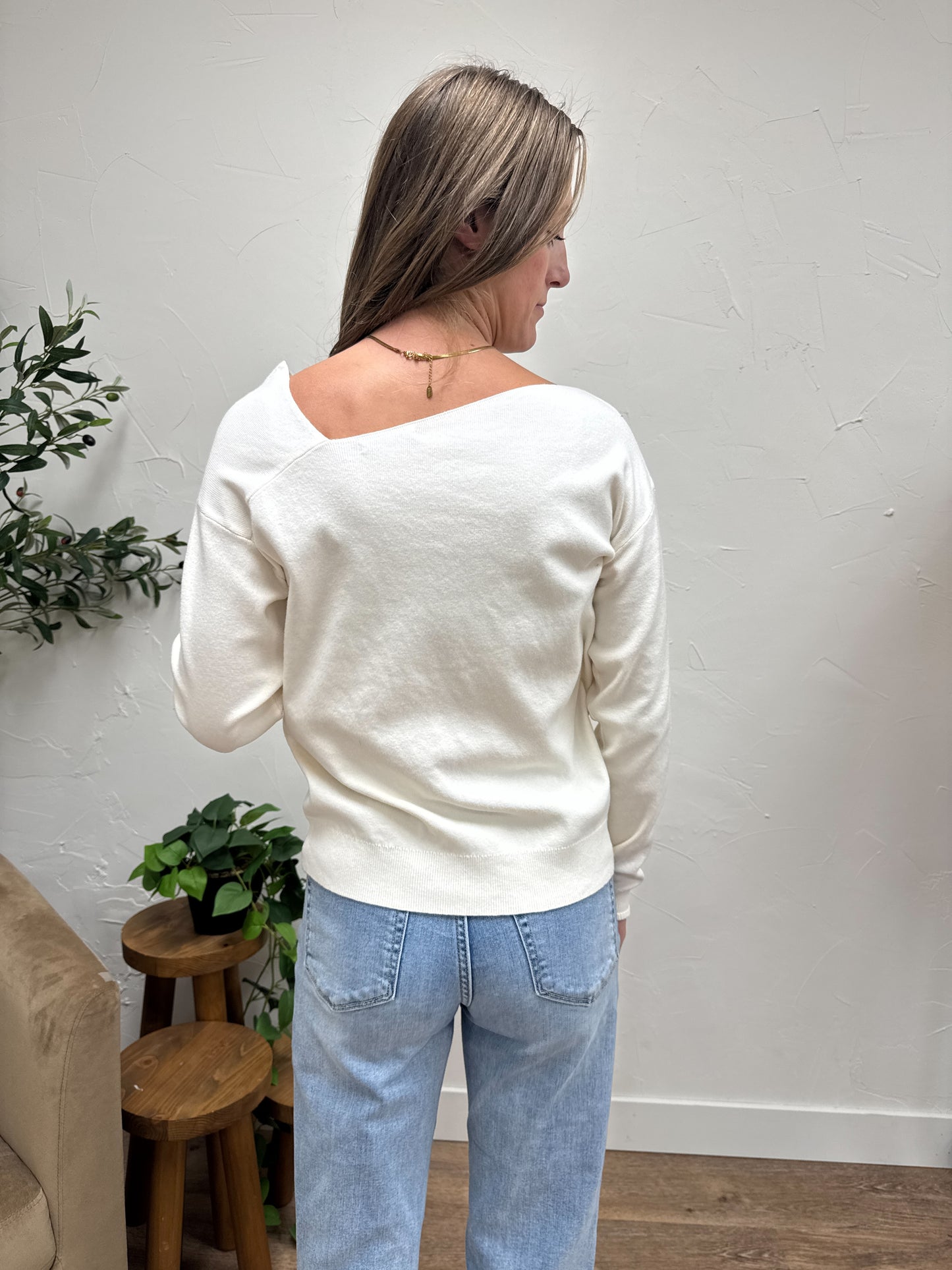 ASYMMETRIC NECK, PULLOVER SWEATER