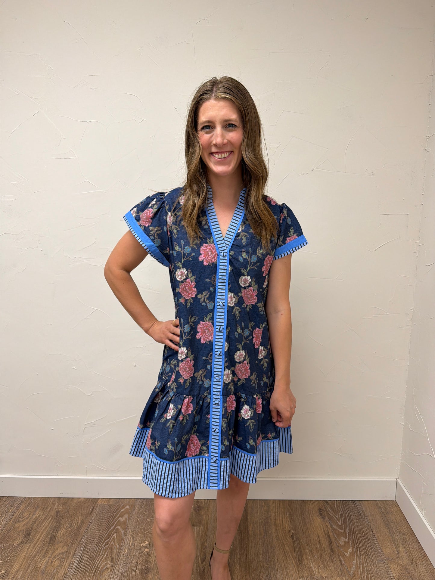 Floral Contrast Trim Ruffle Hem Mini Dress