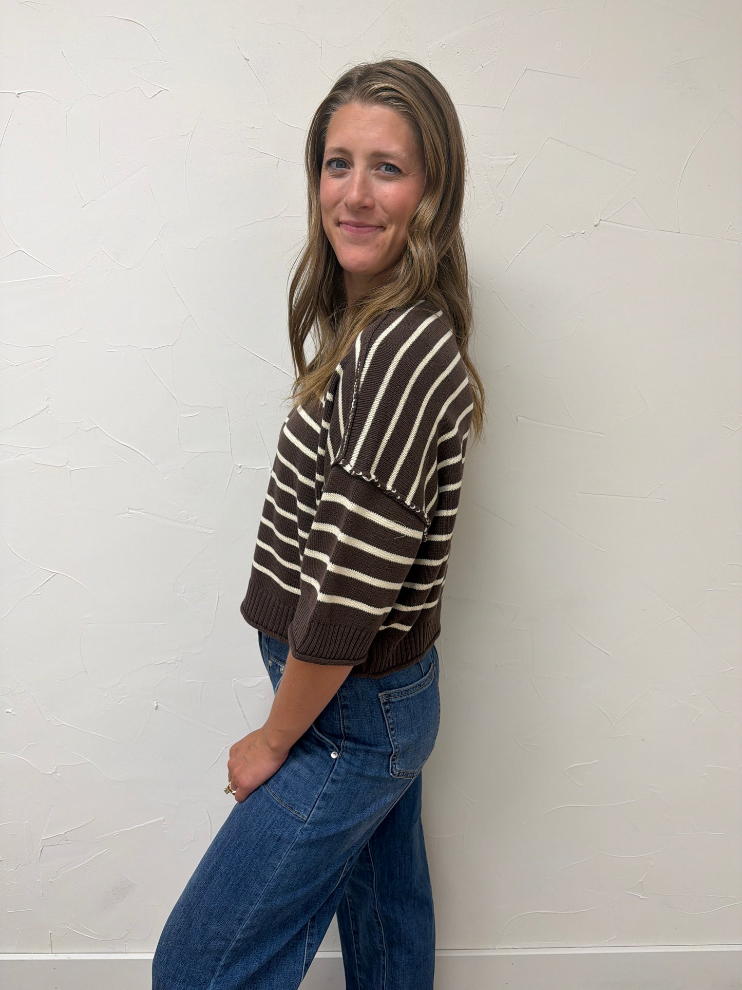 Exposed Seam Striped Round Neck Pullover