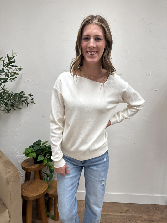 ASYMMETRIC NECK, PULLOVER SWEATER