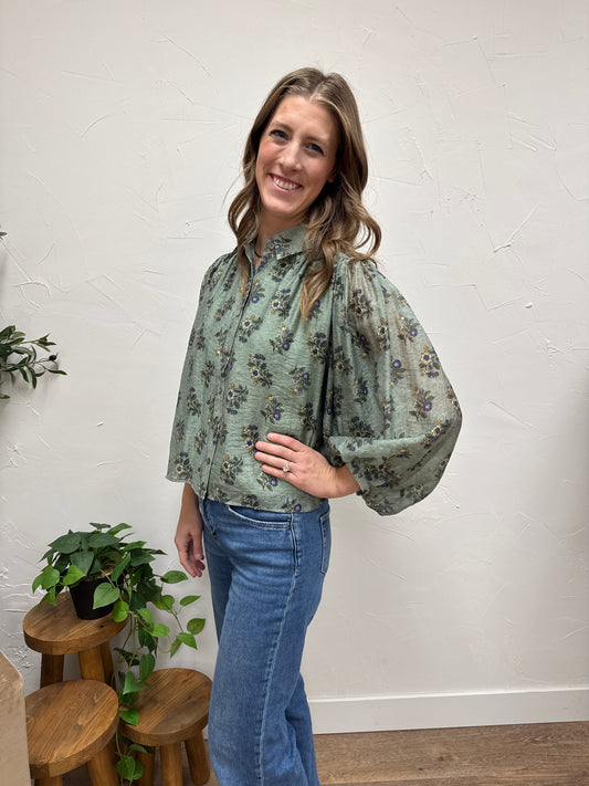 Botanical print long sleeve button-down top