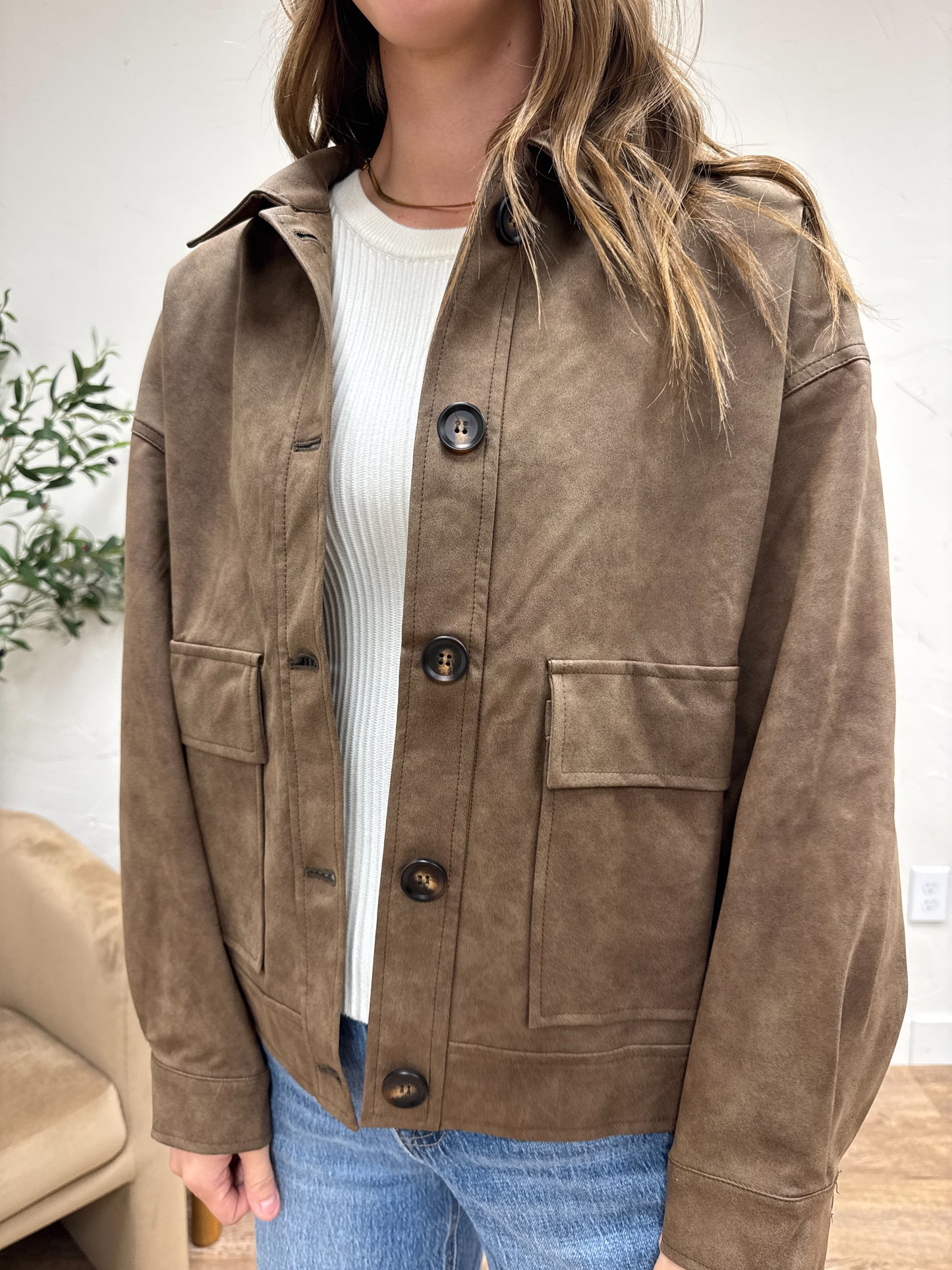 Faux Leather Button Front Shirt Jacket