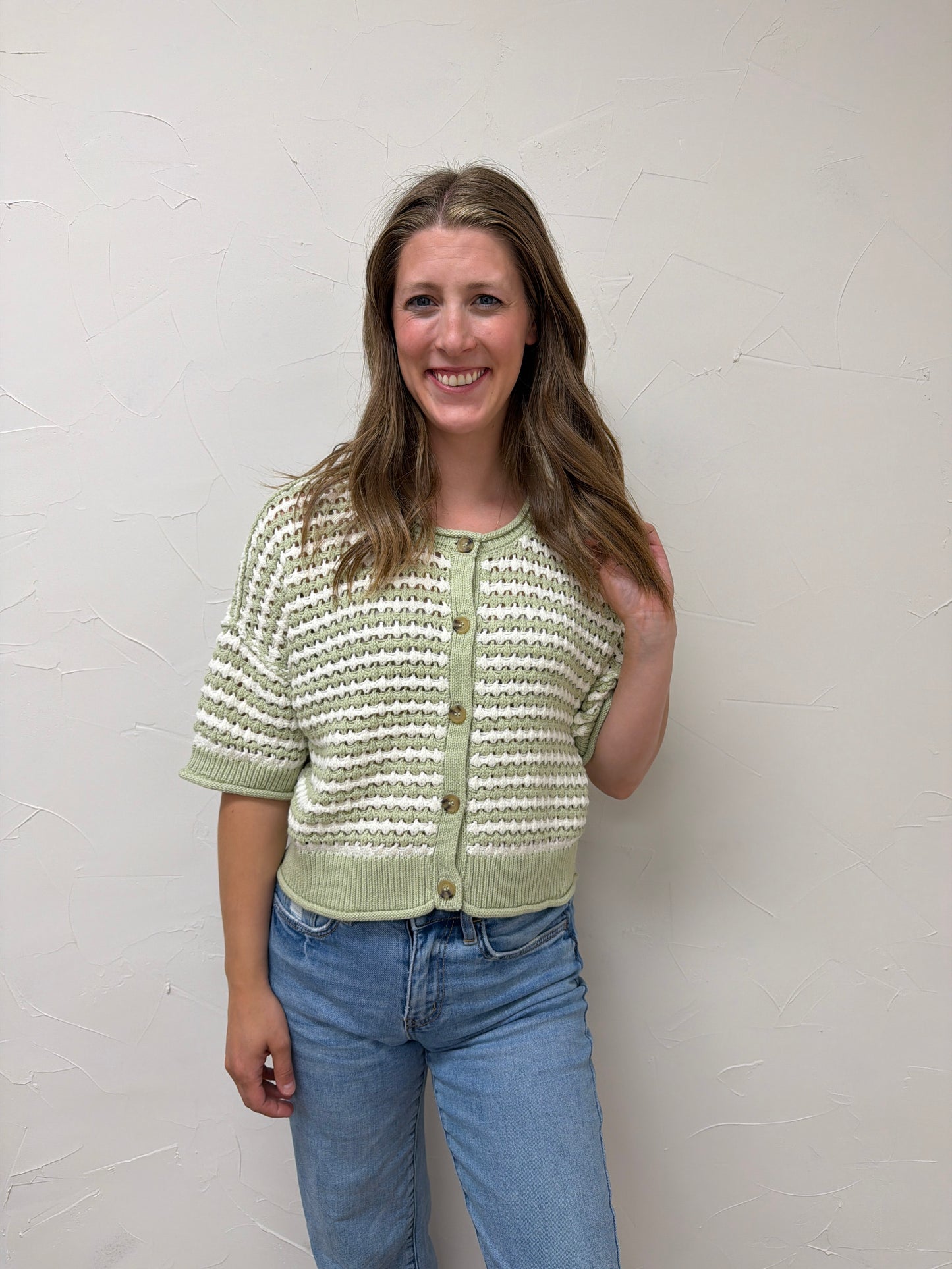 Stripe Short Sleeve Crochet Knit Cardigan