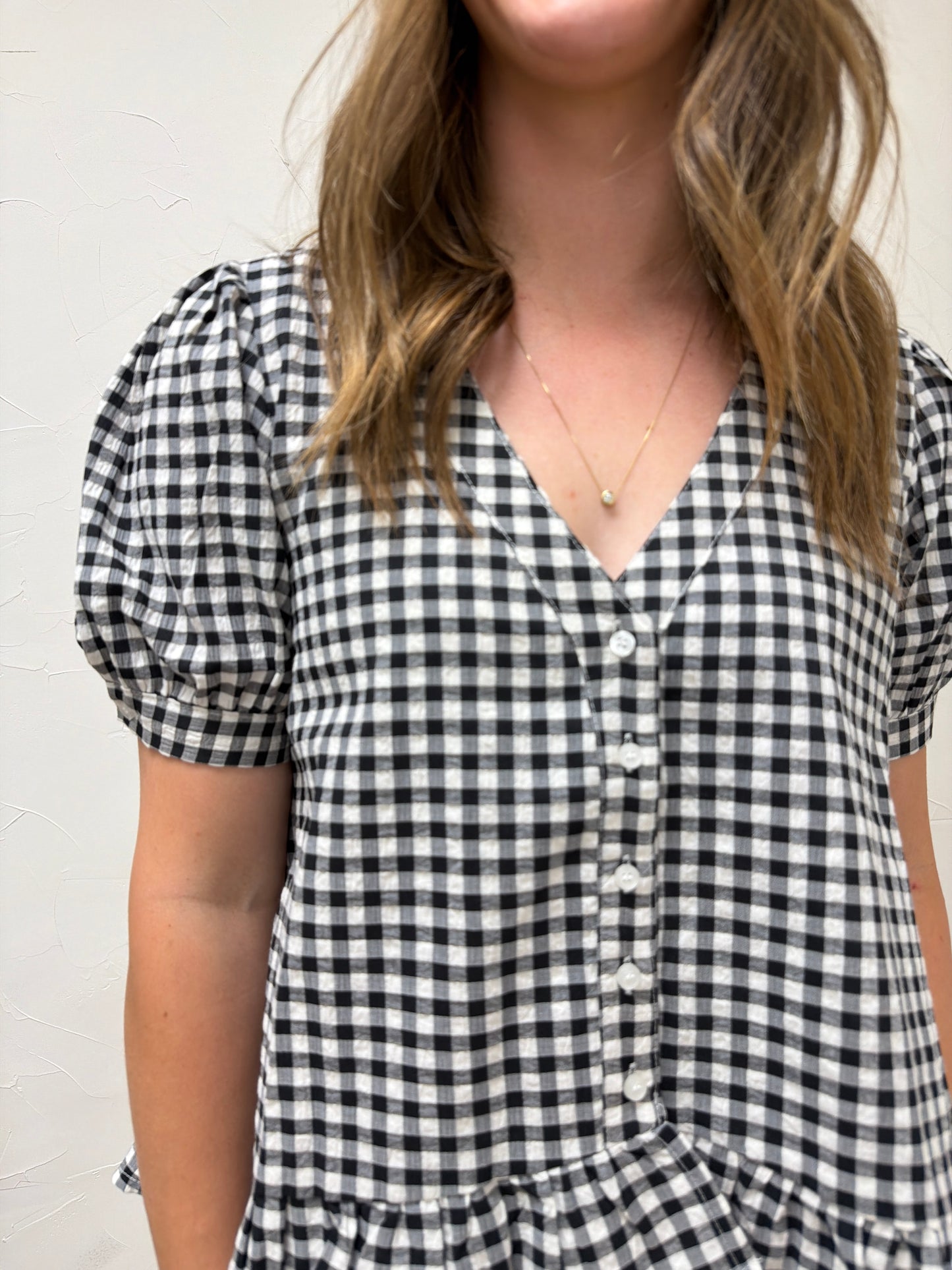 Puff Short Sleeve V Neck Gingham Blouse