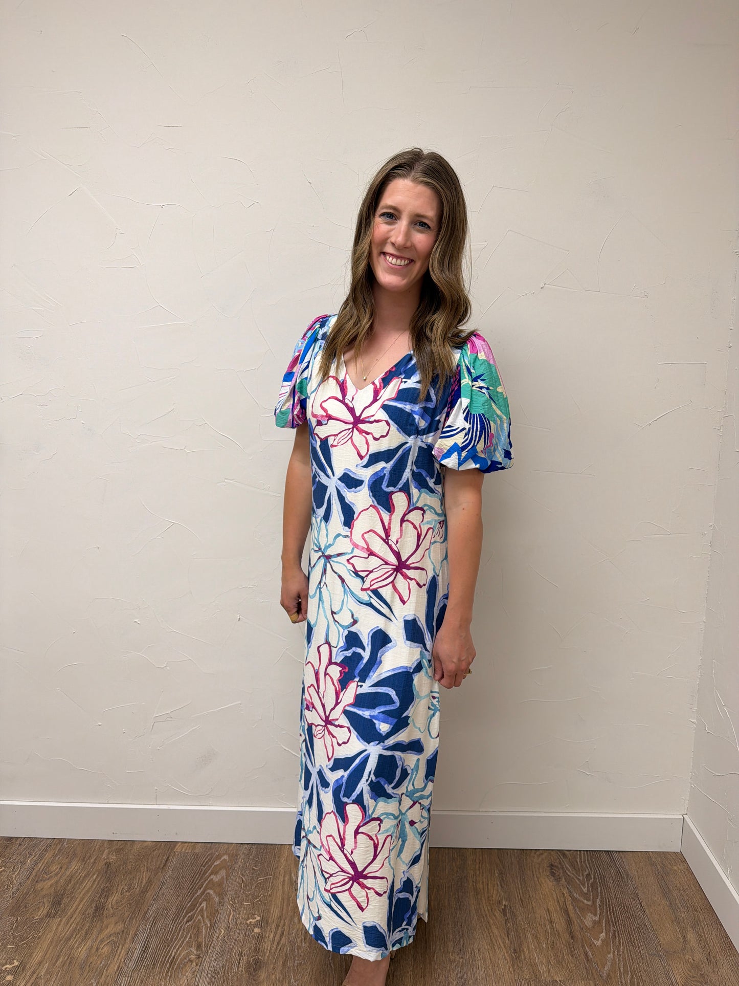 Tropical Floral Puff Sleeve Maxi Dress