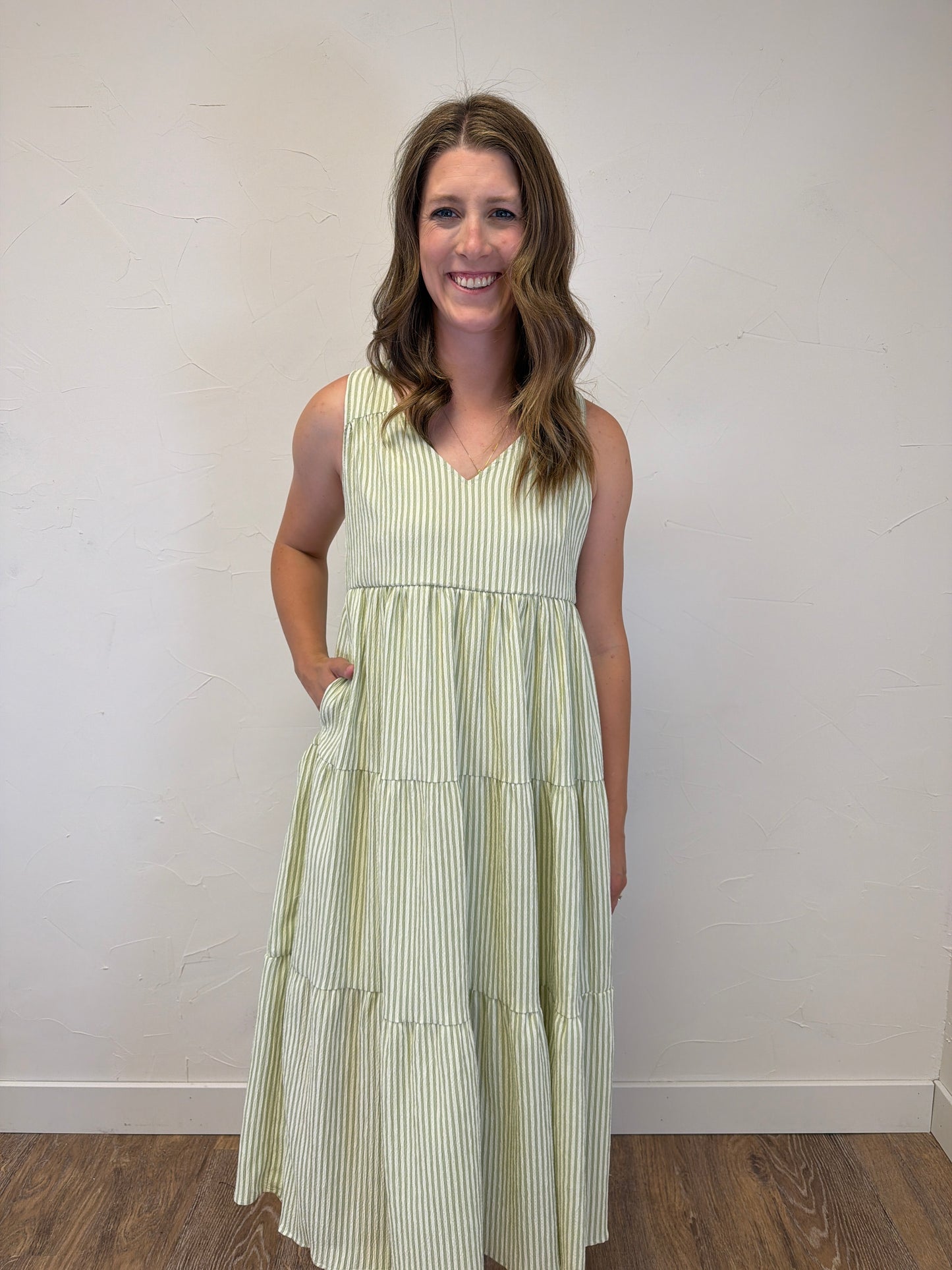 V Neck Sleeveless Tiered Stripe Midi Dress