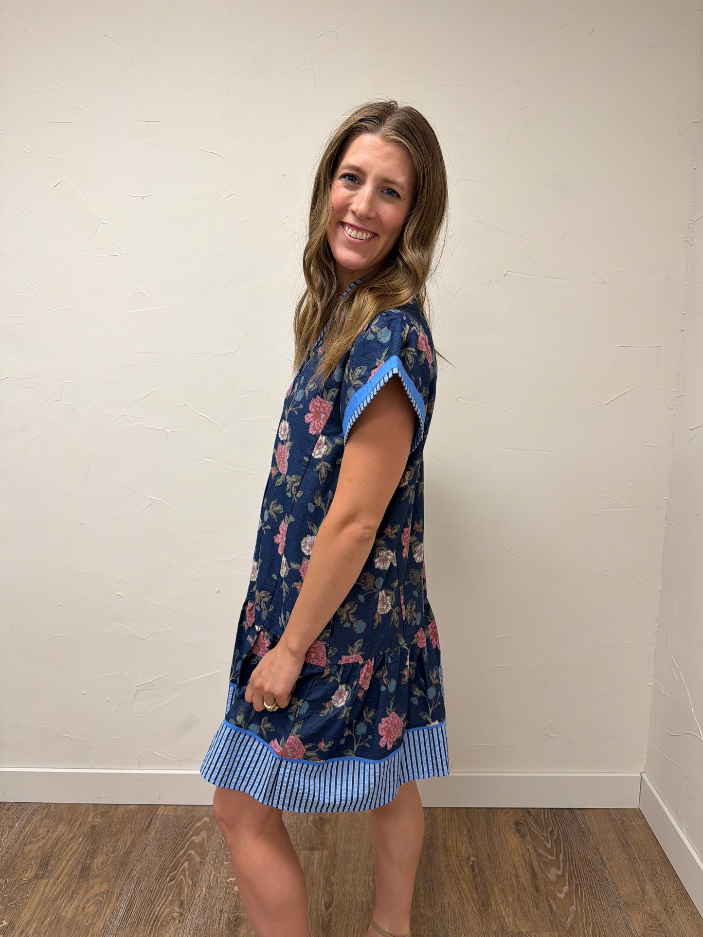 Floral Contrast Trim Ruffle Hem Mini Dress