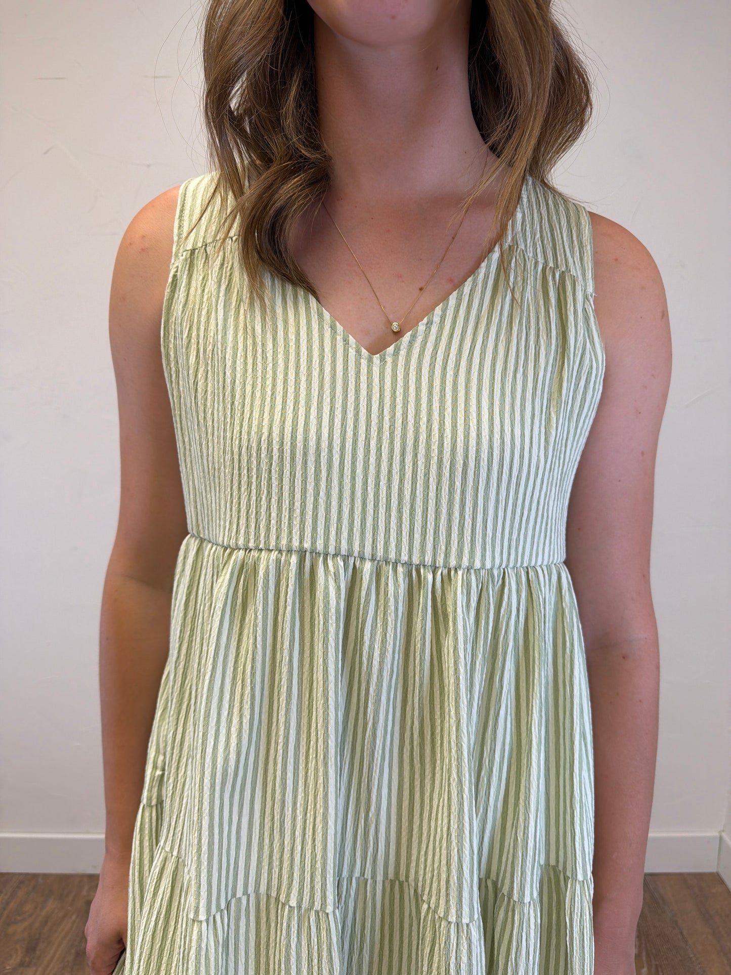 V Neck Sleeveless Tiered Stripe Midi Dress