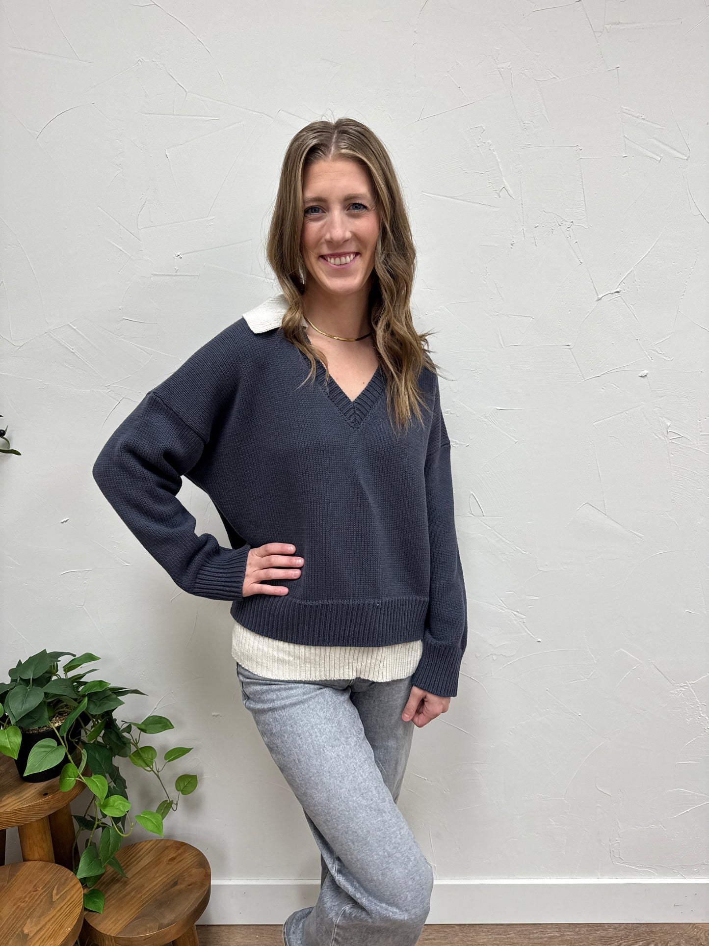 Color Combo V-Neck Sweater Top
