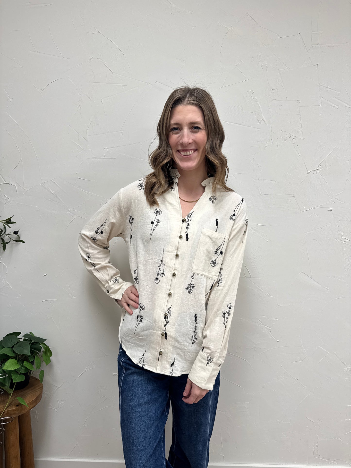 Botanical embroidery long sleeve top