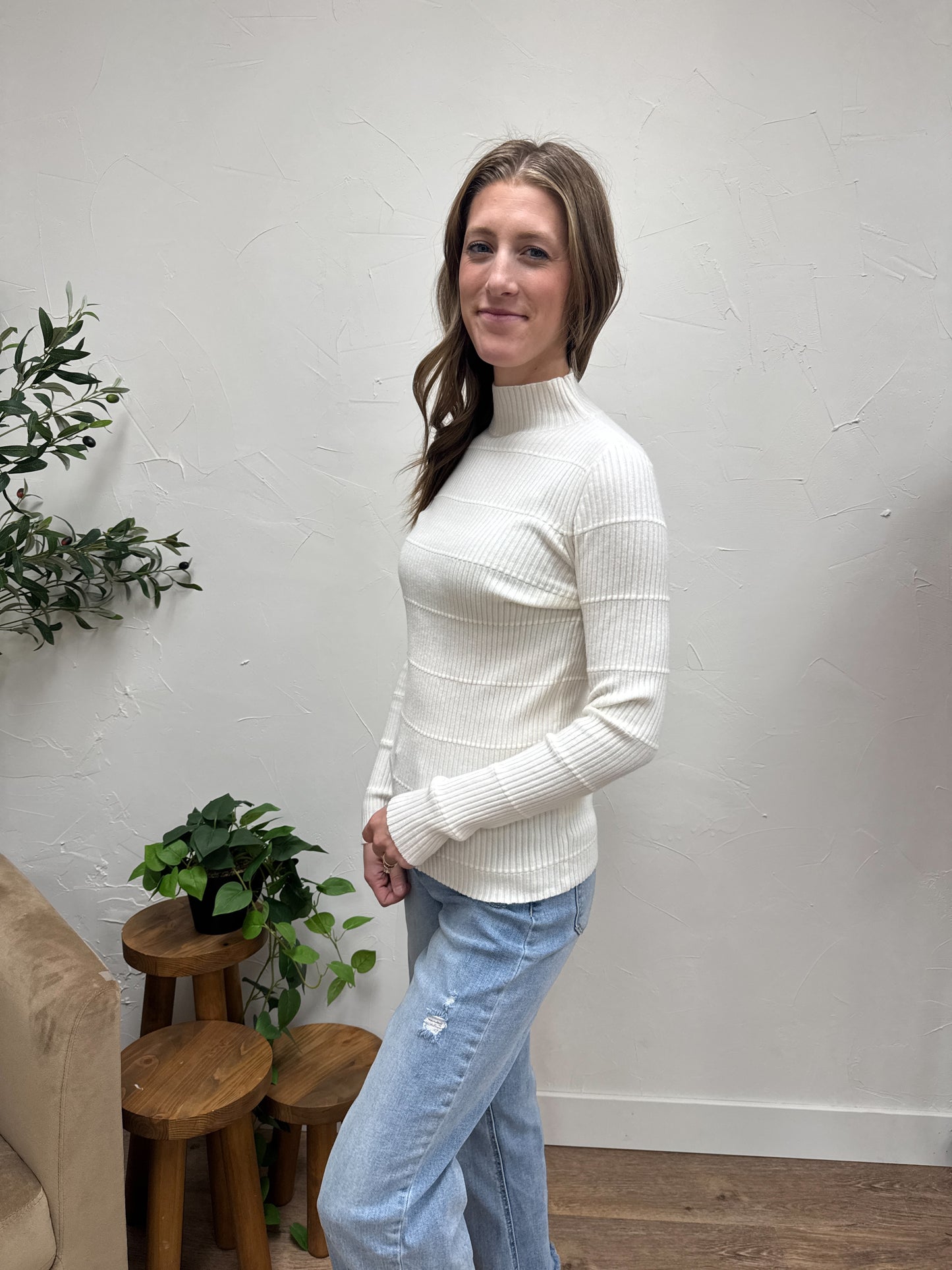 Pintuck Striped Fitted Solid Mock Neck Sweater