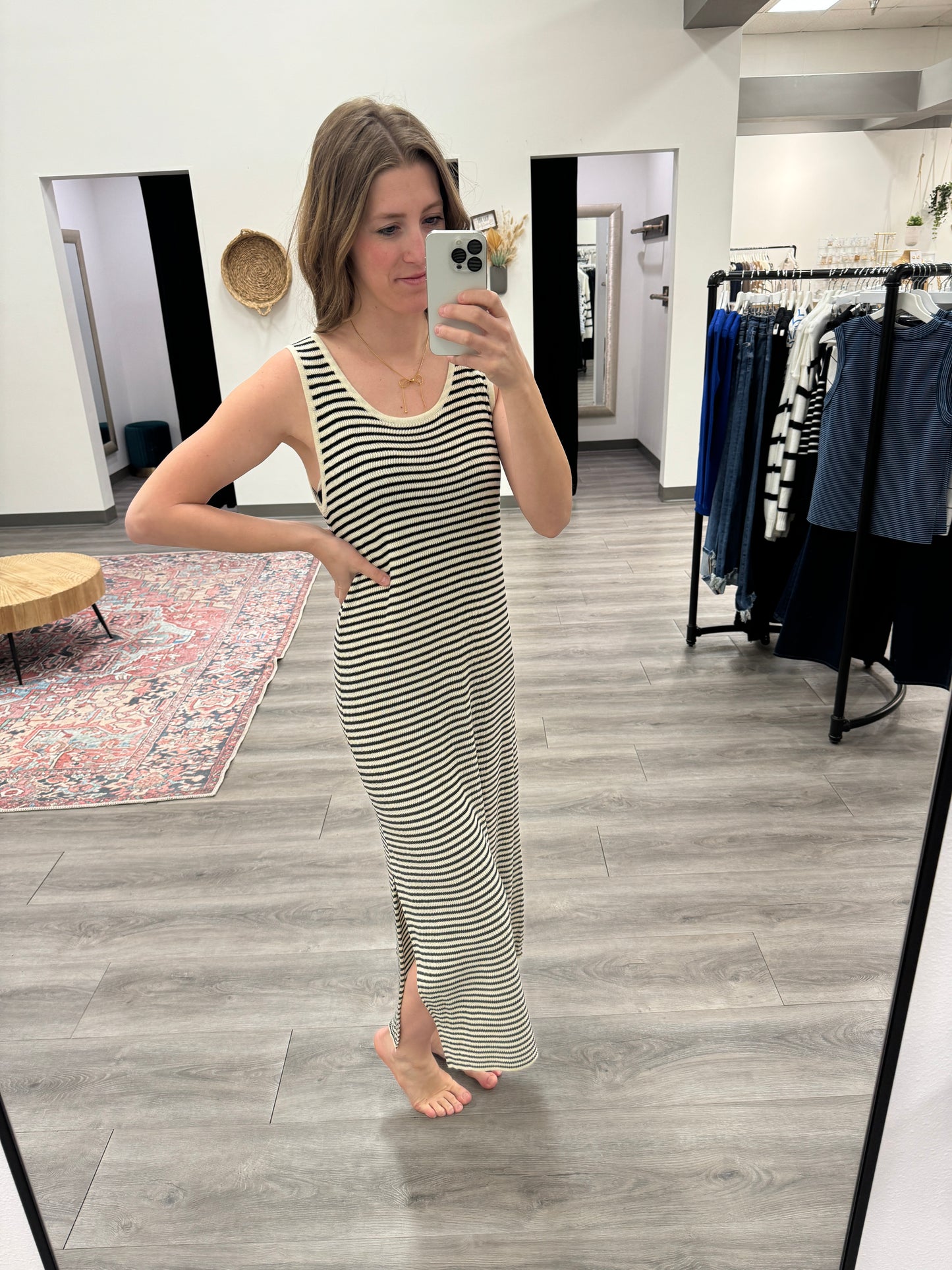 Knit Sweater Striped Scoop Neck Sleeveless Midi Dress