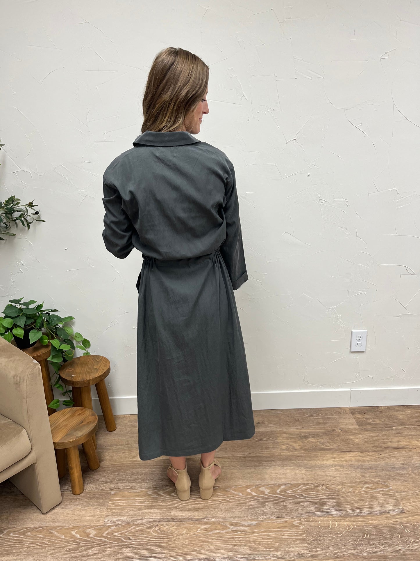 Side Slit Shirt Long Dress with Waist Tie