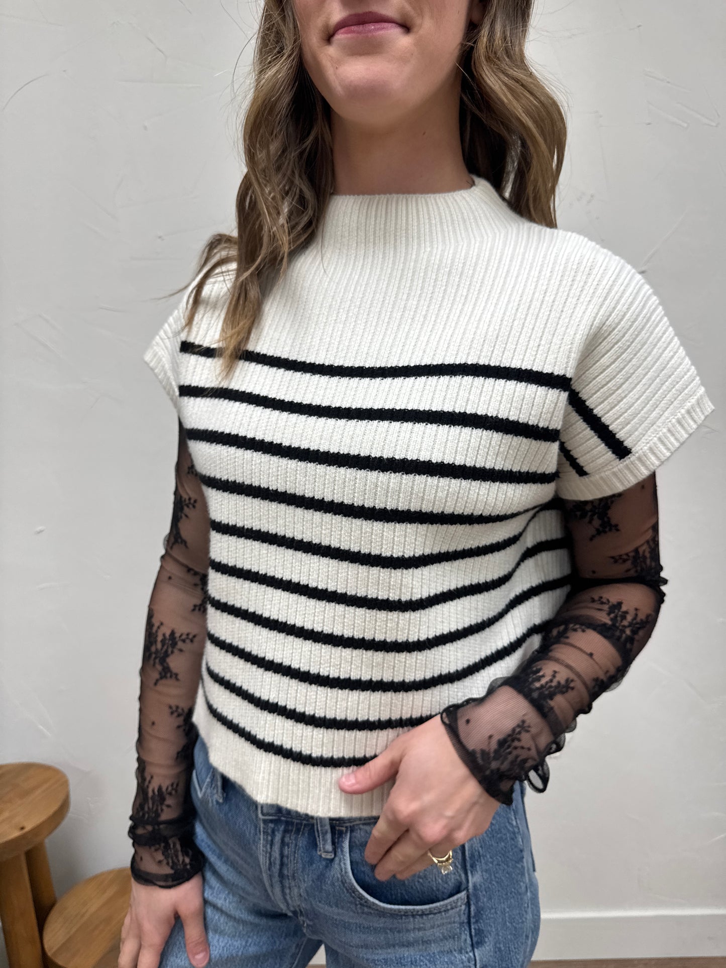 Stripe Mock Neck Short Sleeve Knit Sweater