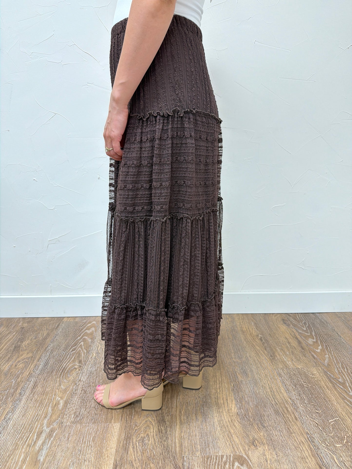 Textured Stripe Ruffle Tiered Midi Skirt