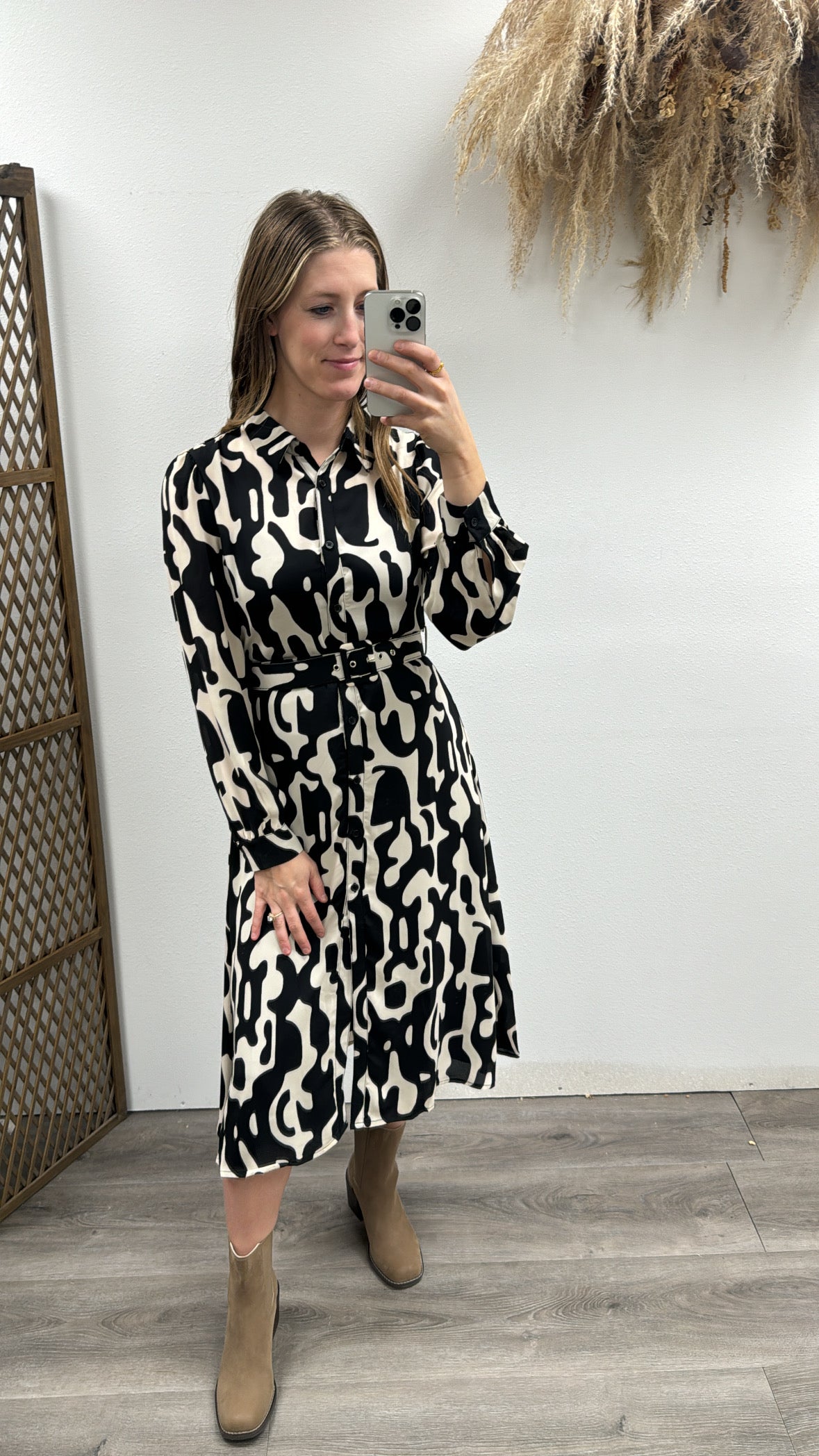 Long Sleeve Belted Chiffon Shirt Dress