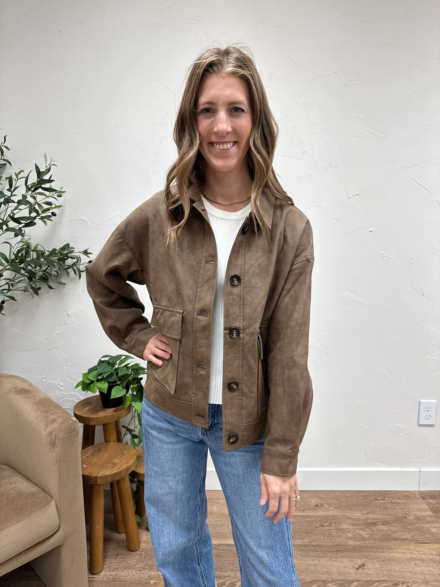 Faux Leather Button Front Shirt Jacket