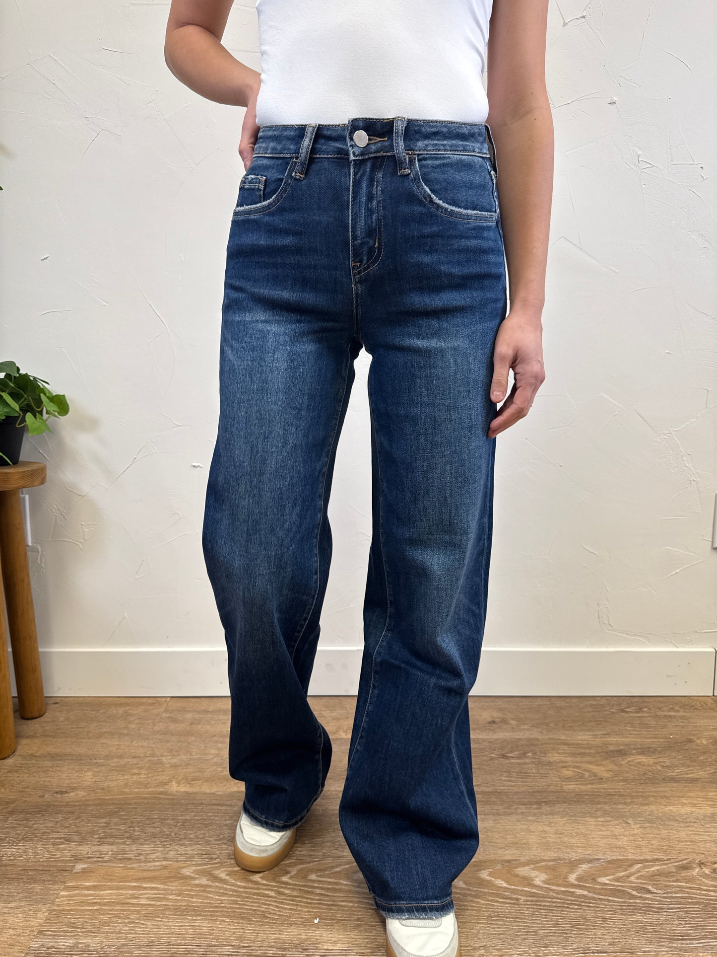 High Rise Dark Wash Full Length Wide Jeans