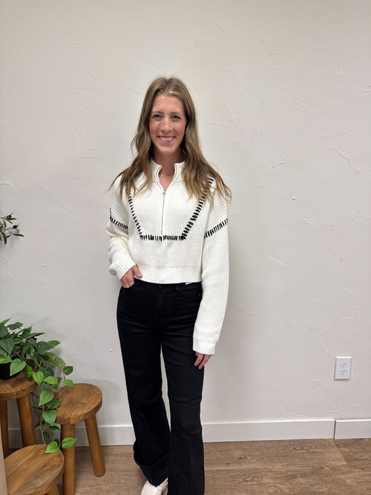 Knit Half-Zip Sweater with Contrast Stitch Detail
