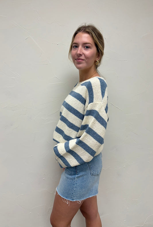 Boat Neck Striped Texture Knit Sweater