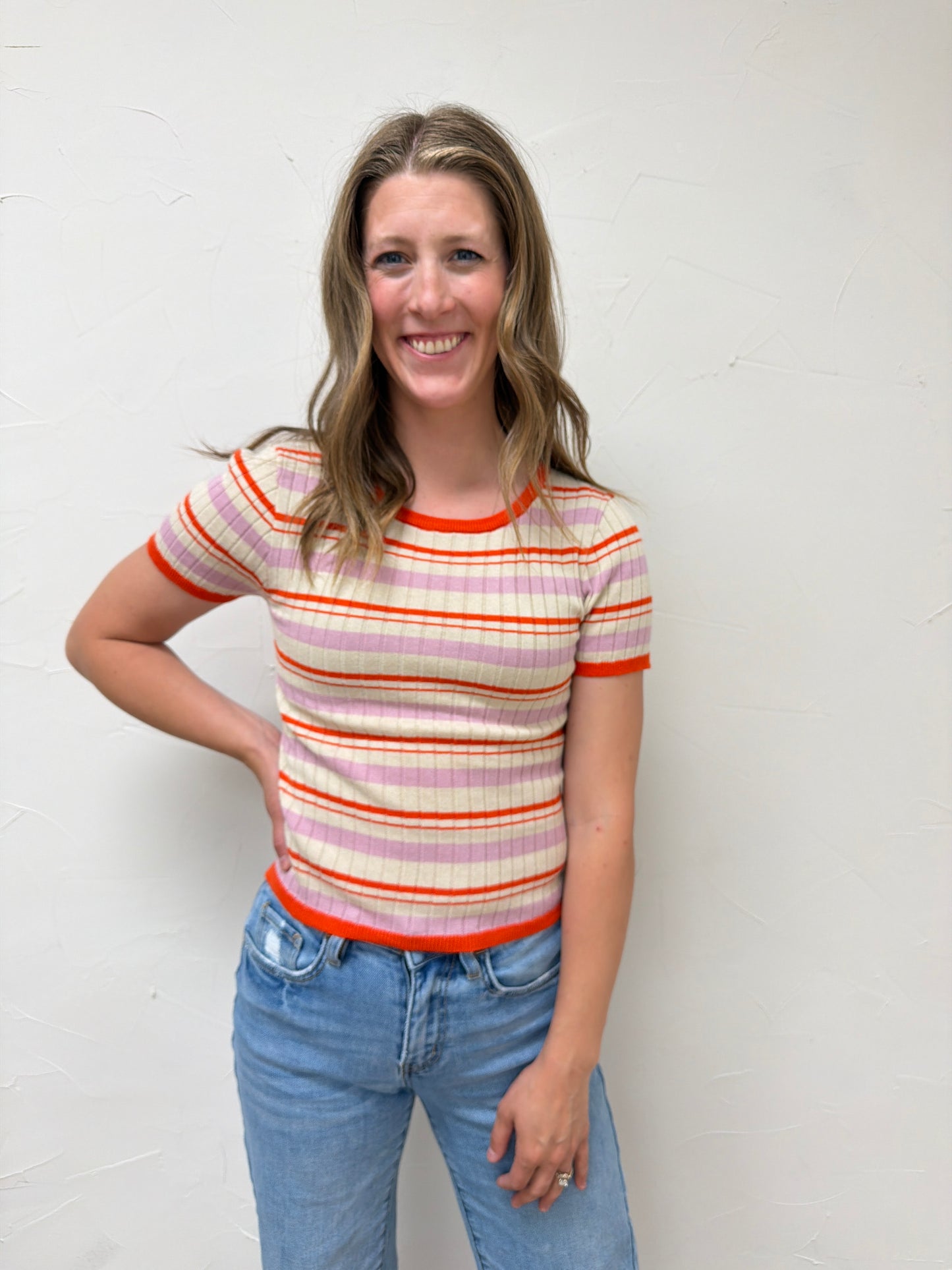 Knit Sweater Multi Color Striped Short Sleeve