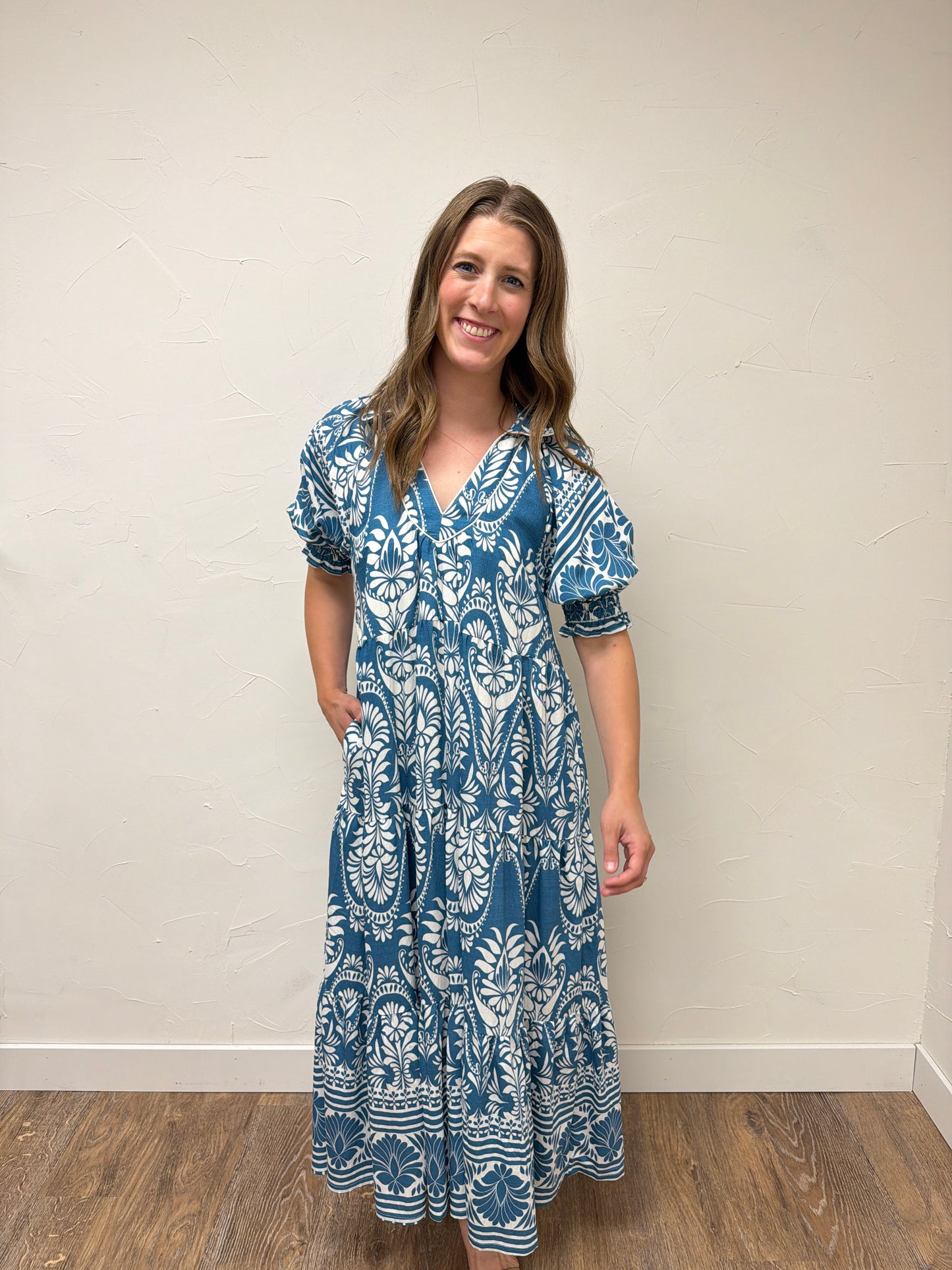 Two Tone Border Print Midi Dress