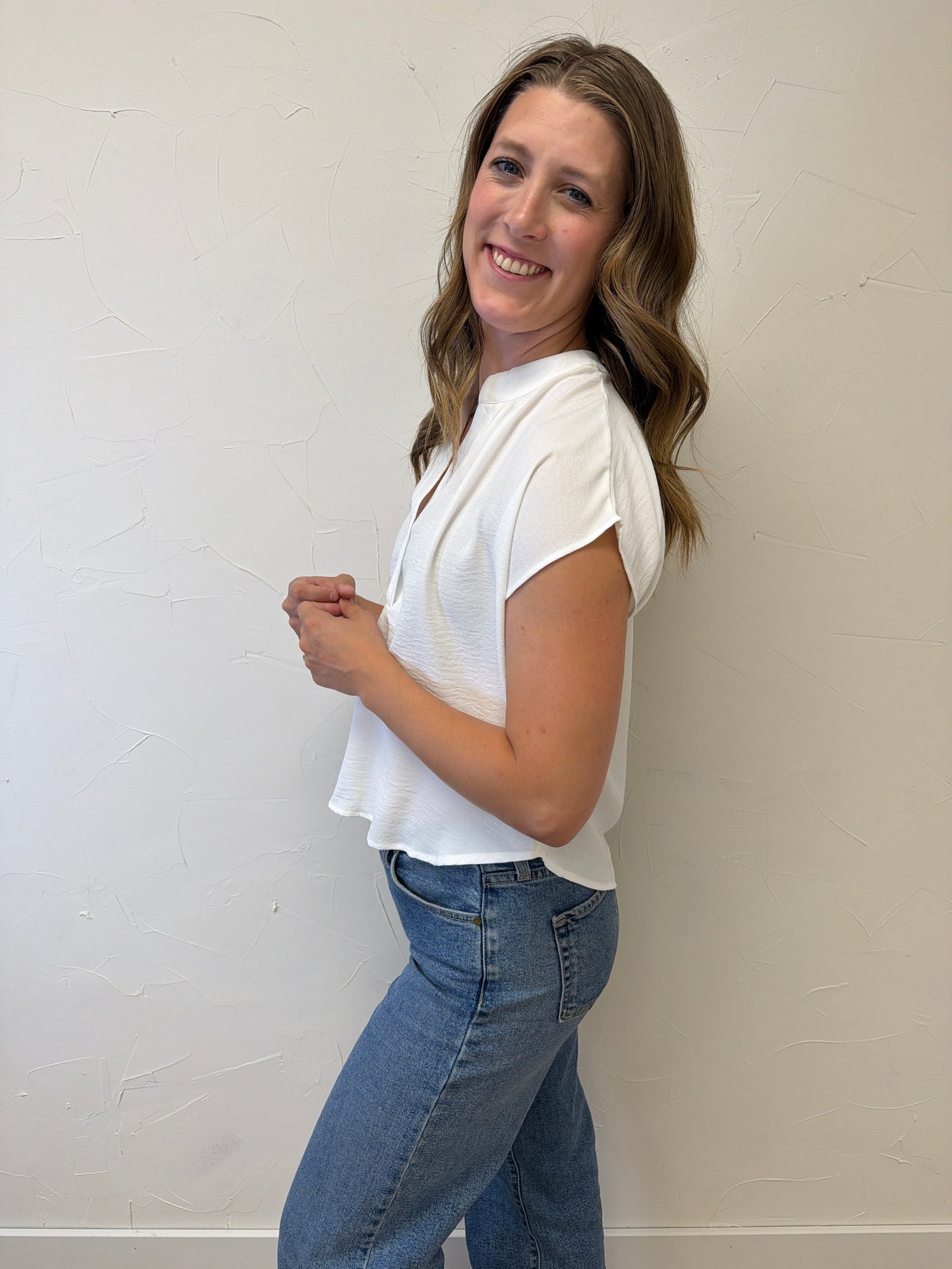 Henley neck Short Cap Sleeve Blouse