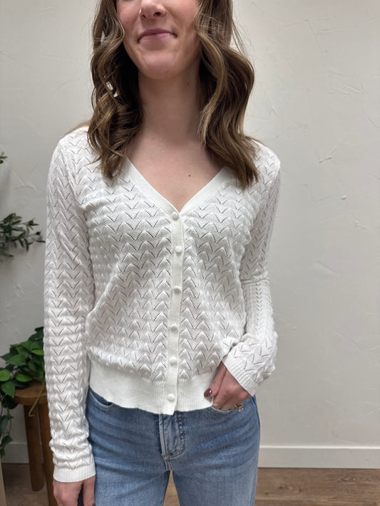 Pointelle Detailed V neck Button Down Sweater