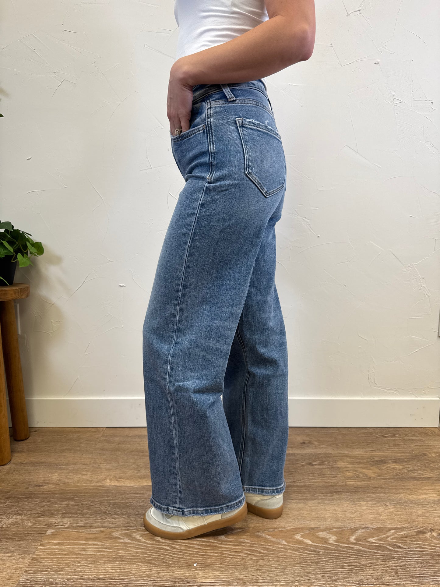 High Rise Medium Wash Full Length Wide Leg