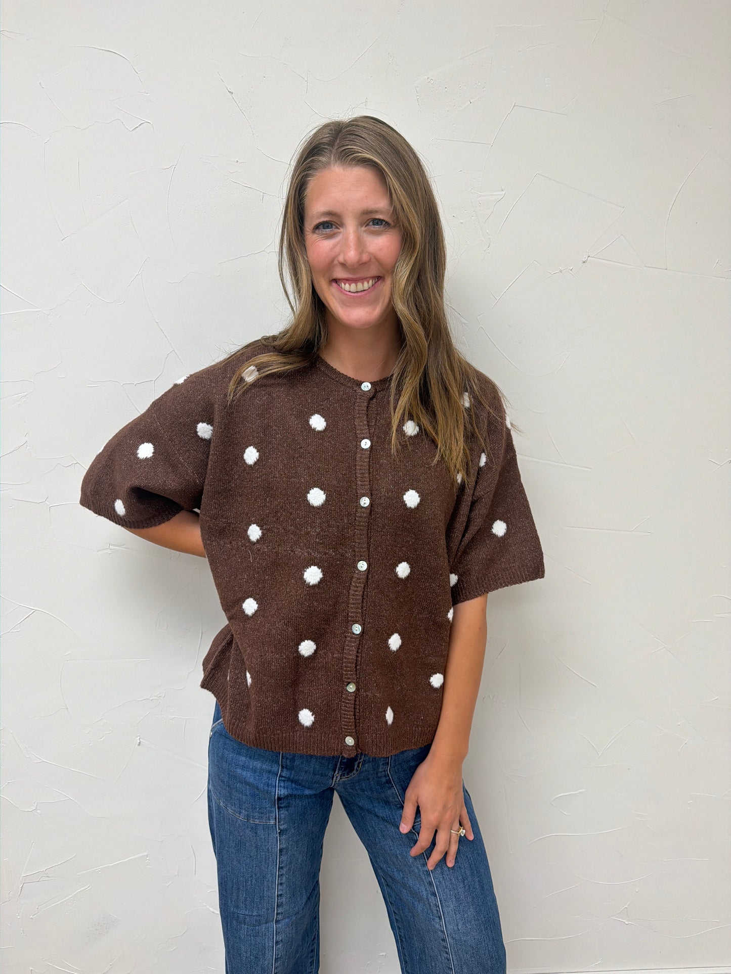 Crew Neck Polka Dot Sweater Cardigan