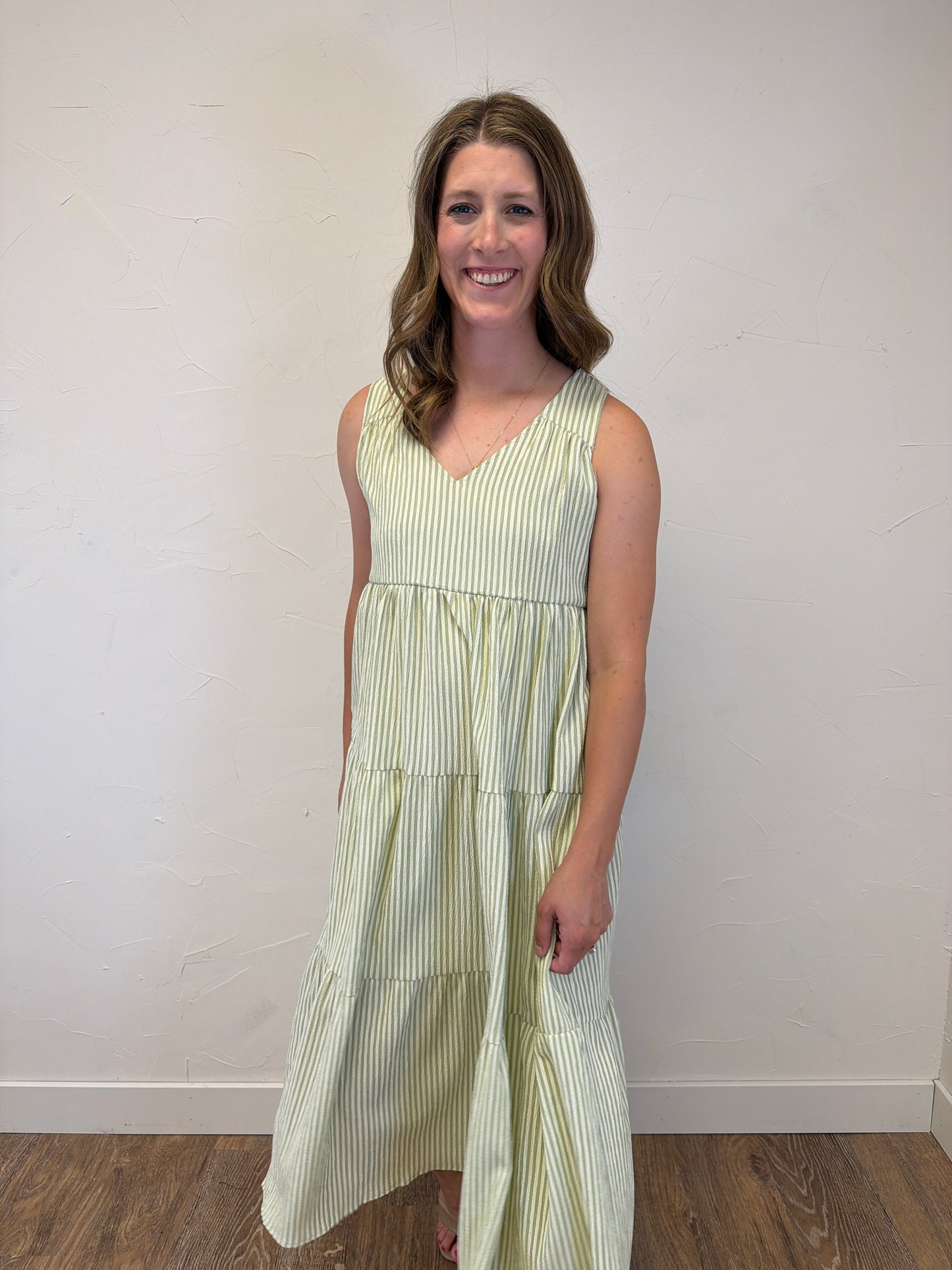 V Neck Sleeveless Tiered Stripe Midi Dress
